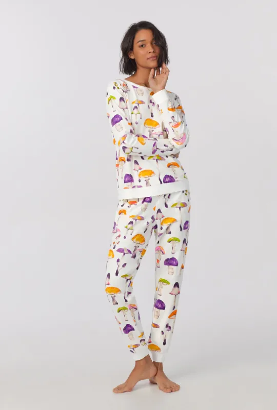 Dazzling Mushrooms Long Sleeve Pullover Crew and Jogger Stretch Jersey PJ Set sold by BedHead