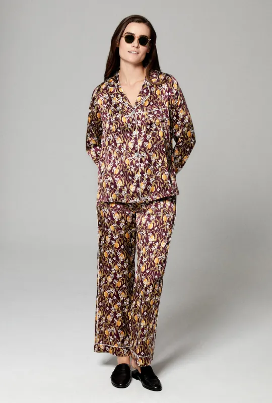 Lemon Blossom Long Sleeve Tulip Cuff Silk Satin PJ Set Made with Liberty Fabric sold by BedHead