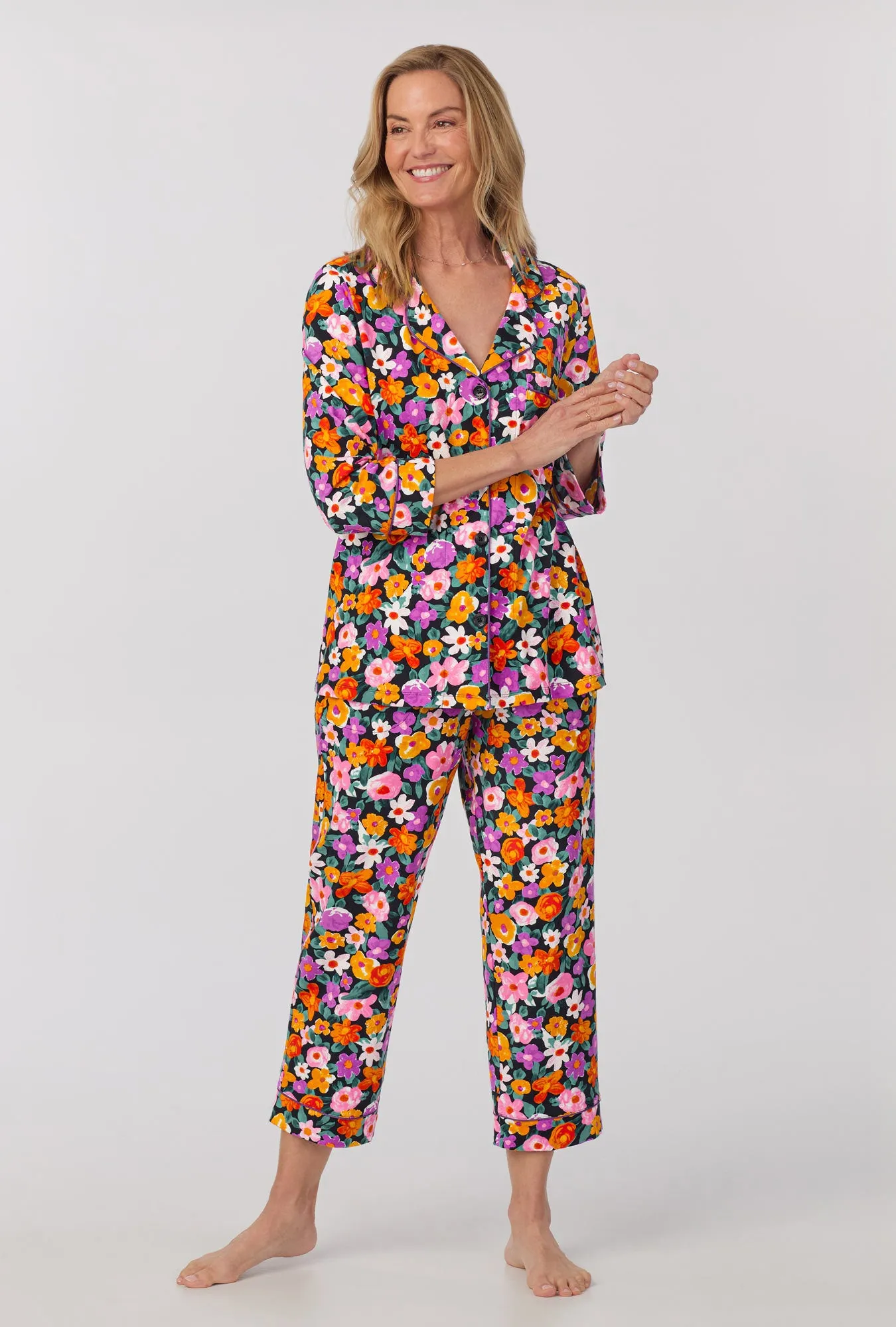 Cottage Flowers 3/4 Sleeve Classic Stretch Jersey Cropped PJ Set sold by BedHead product image thumbnail 2