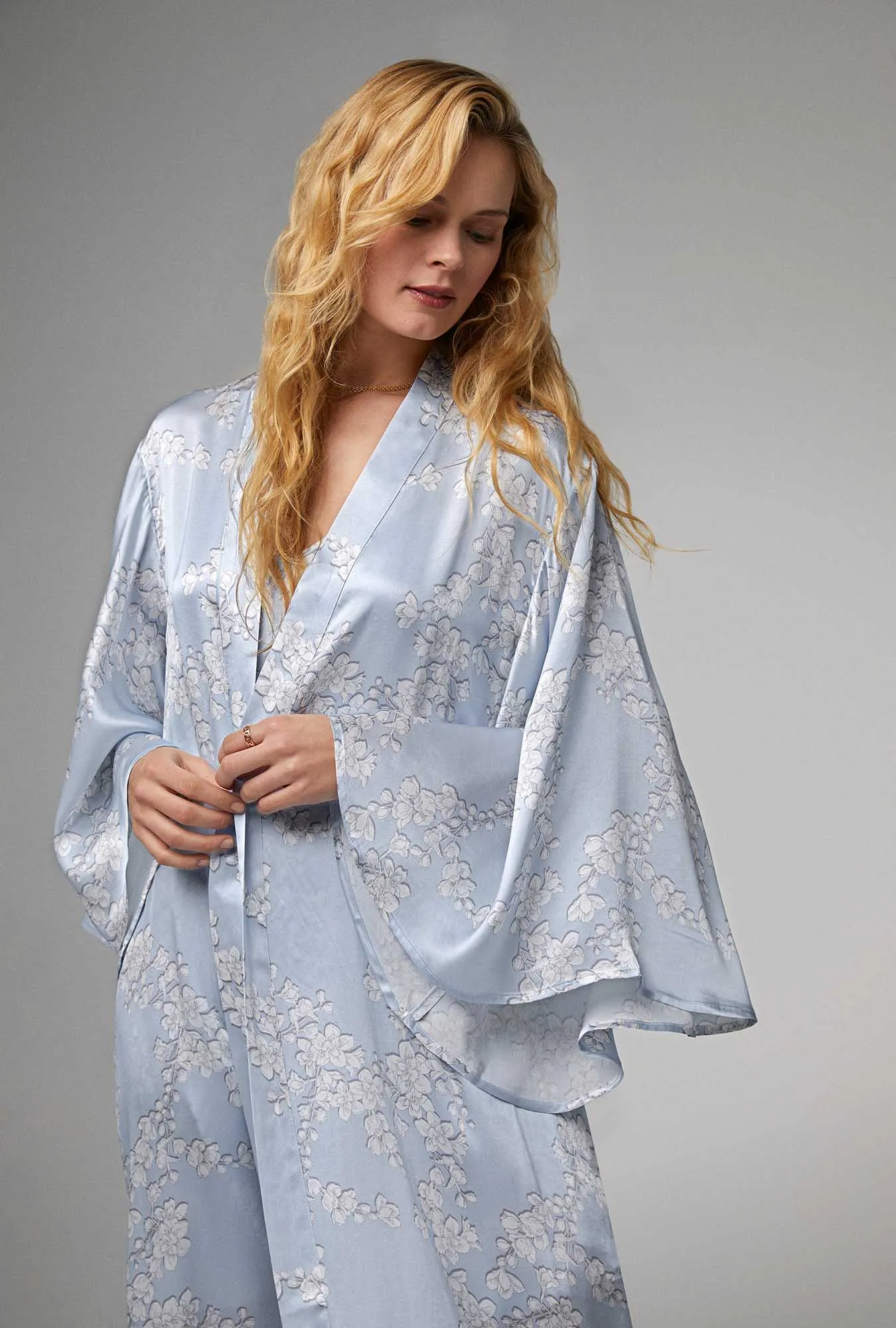 Renee's Blossom Banded Collar Woven Silk Satin Maxi Robe sold by BedHead product image thumbnail 3