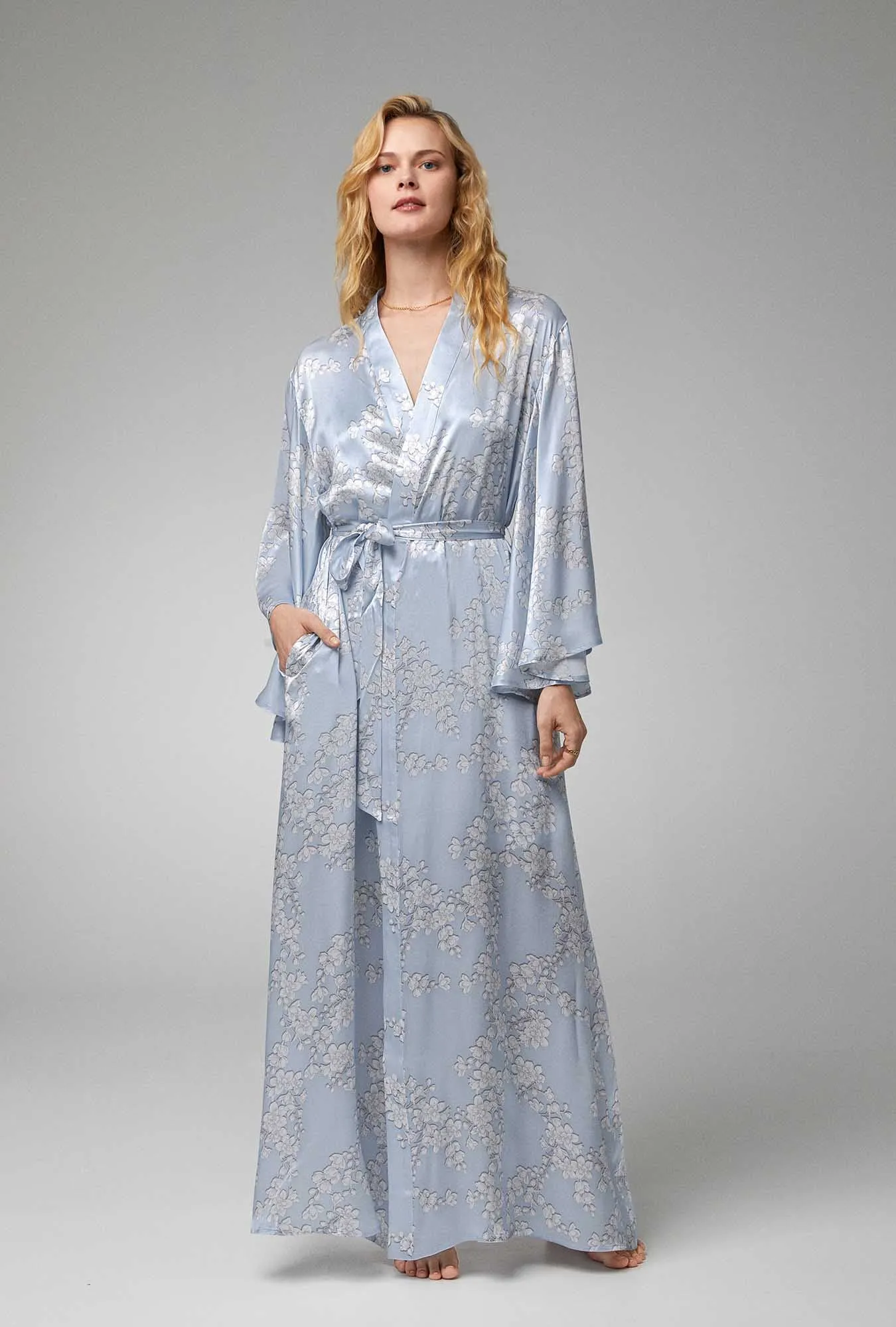 Renee's Blossom Banded Collar Woven Silk Satin Maxi Robe sold by BedHead product image thumbnail 2