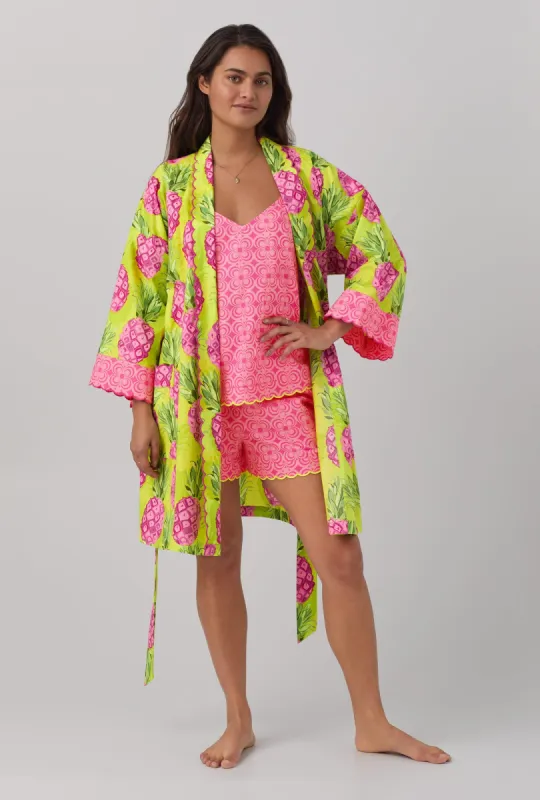 BedHead x Trina Turk Kiwi Pineapple Women's Long Sleeve Woven Cotton Poplin Robe sold by BedHead