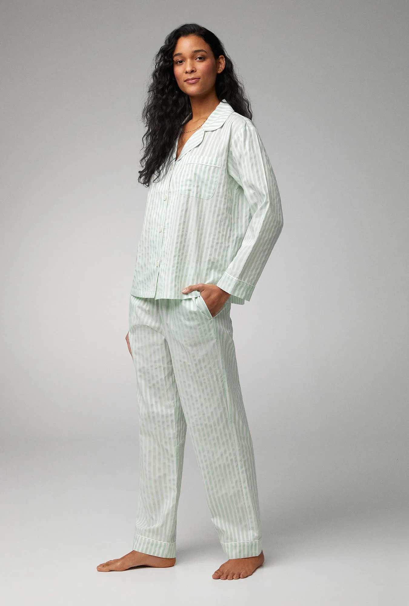 Mint Signature Stripe Long Sleeve Classic Woven Cotton Sateen PJ Set sold by BedHead