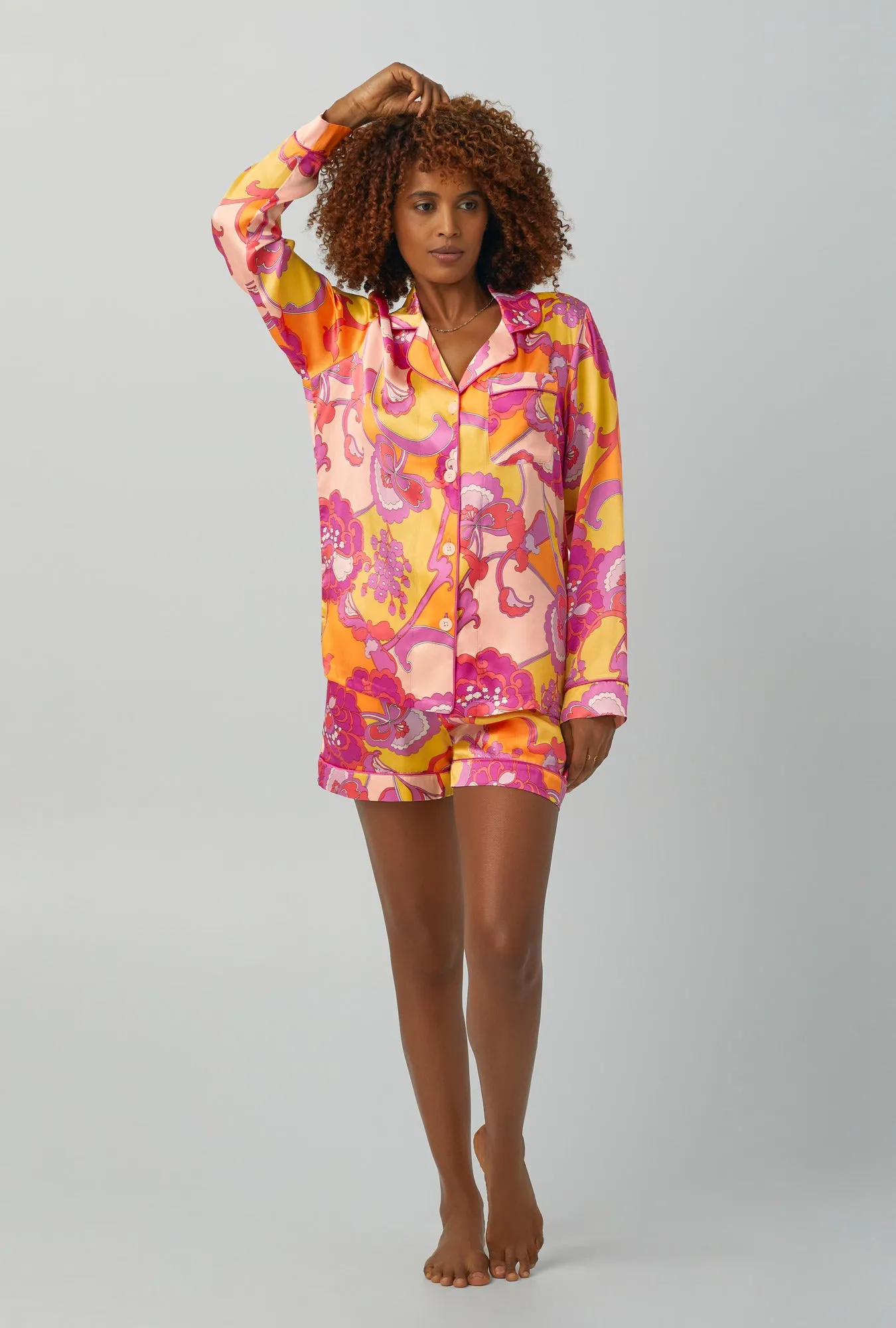 BedHead x Trina Turk Apache Bloom Long Sleeve Classic Washable Silk Satin Shorty PJ Set sold by BedHead product image thumbnail 2