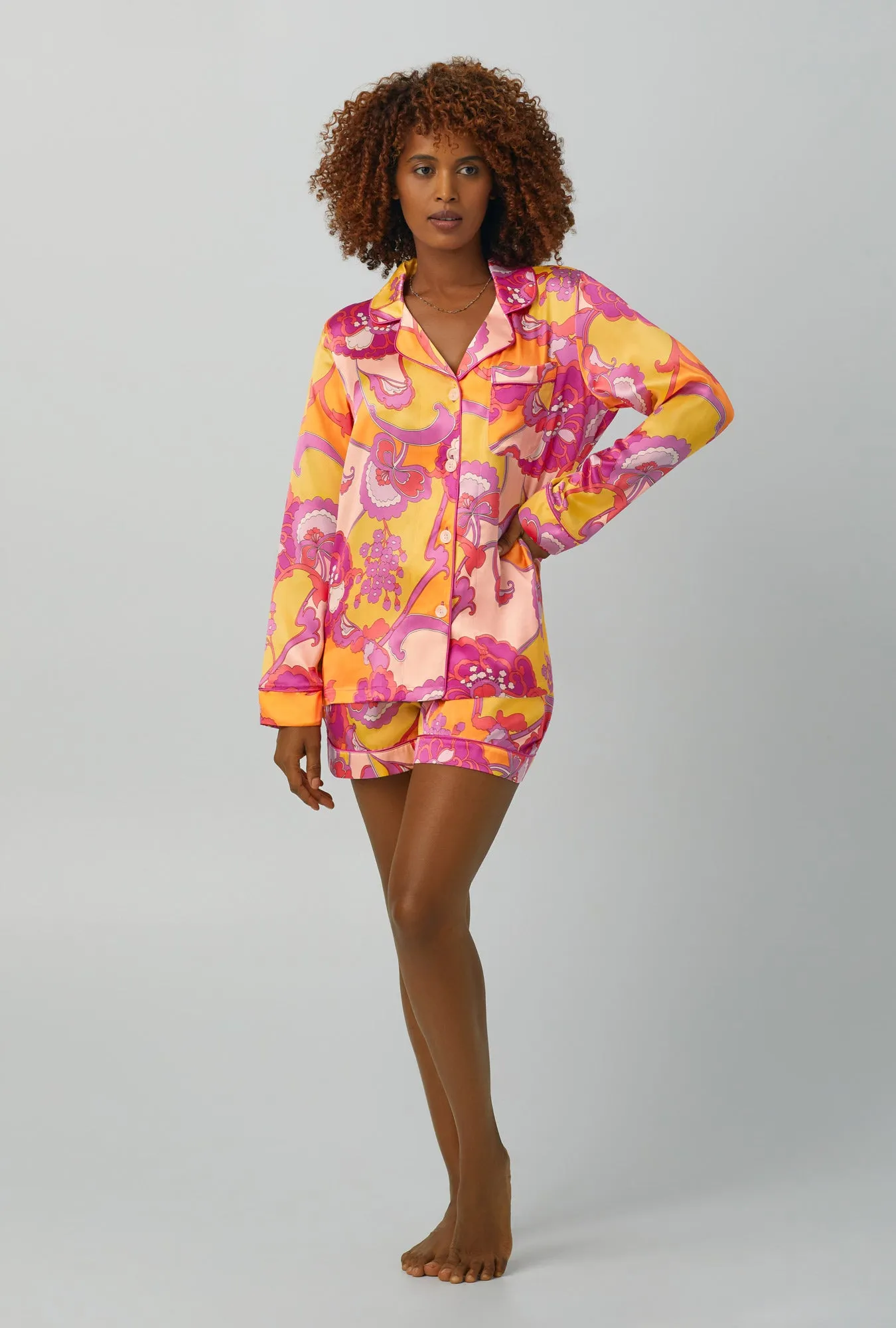 BedHead x Trina Turk Apache Bloom Long Sleeve Classic Washable Silk Satin Shorty PJ Set sold by BedHead