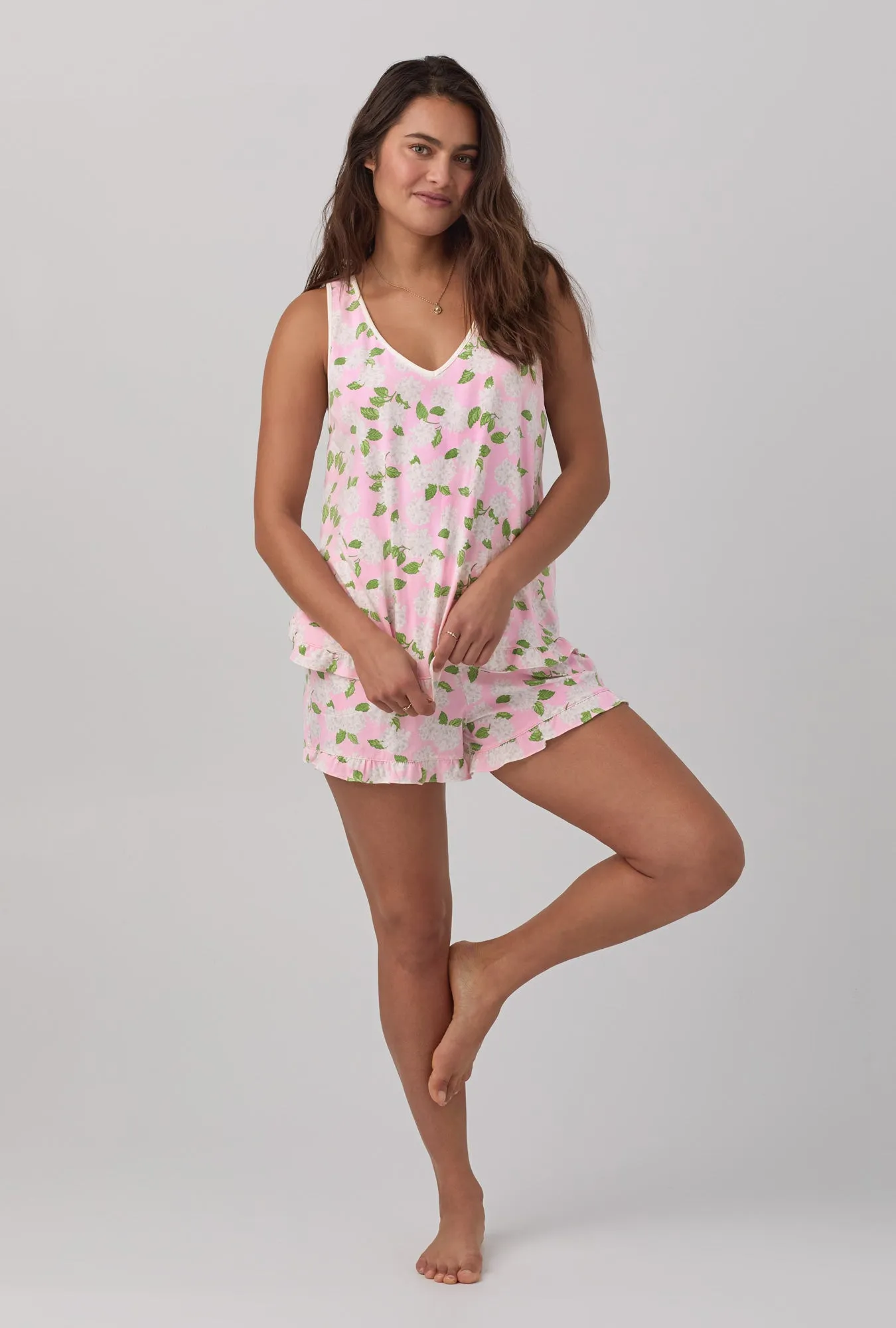 Pink Summer Hydrangea Ruffle Tank Shorty Stretch Jersey PJ Set sold by BedHead