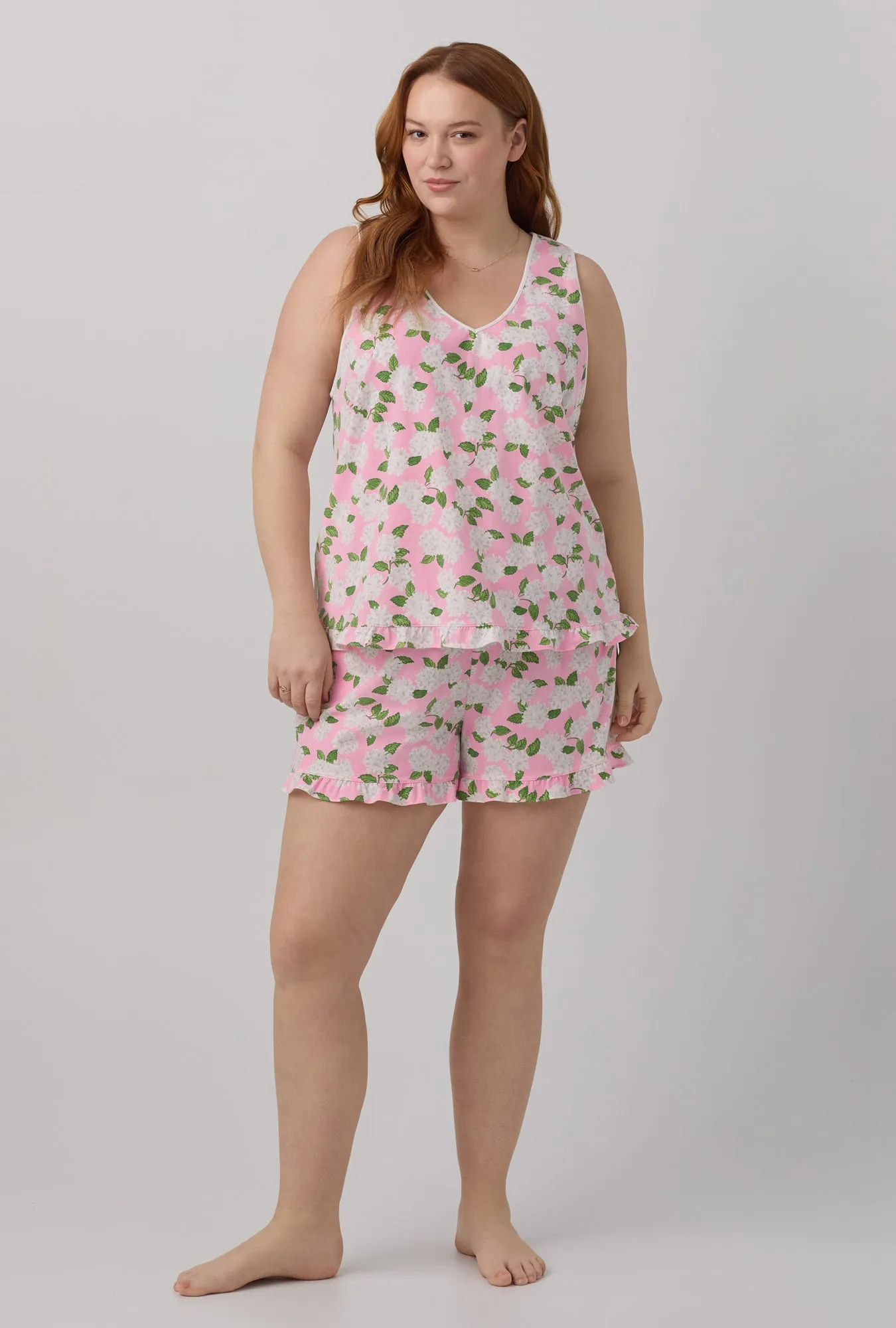 Pink Summer Hydrangea Ruffle Tank Shorty Stretch Jersey PJ Set sold by BedHead product image thumbnail 4