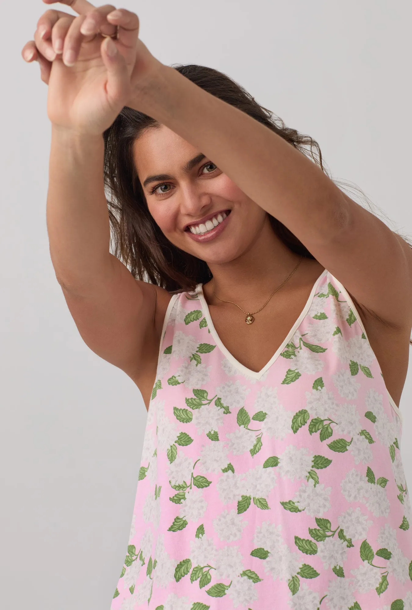 Pink Summer Hydrangea Ruffle Tank Shorty Stretch Jersey PJ Set sold by BedHead product image thumbnail 3