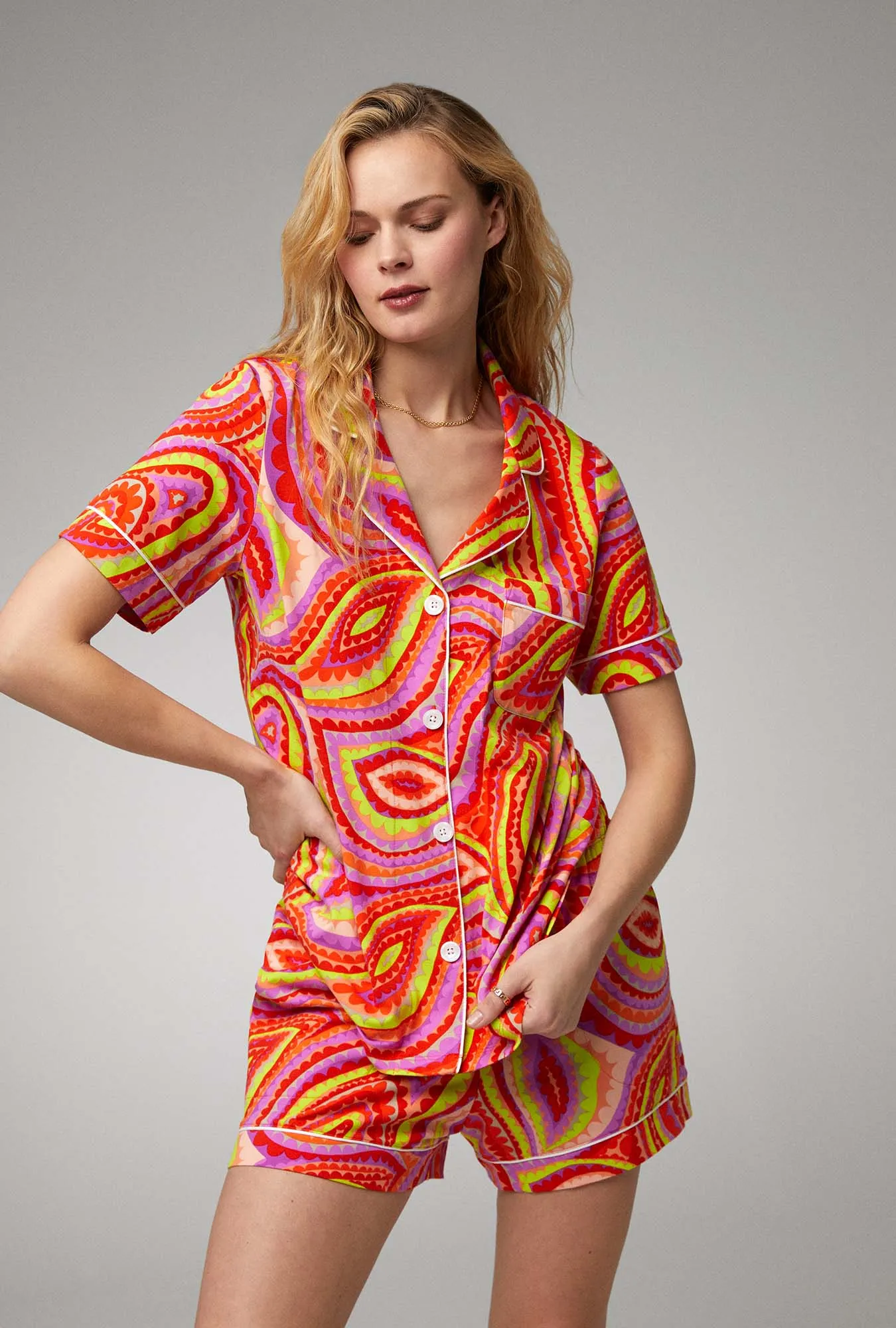 BedHead x Trina Turk Vivacious Short Sleeve Stretch Jersey Shorty PJ Set sold by BedHead