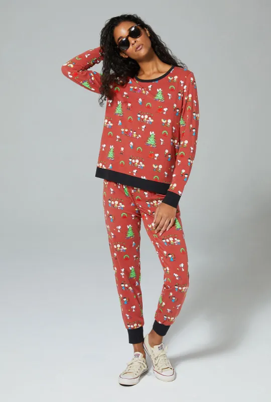 BedHead x Peanuts Holiday Party Long Sleeve Pullover Crew and Jogger Stretch Jersey PJ Set sold by BedHead