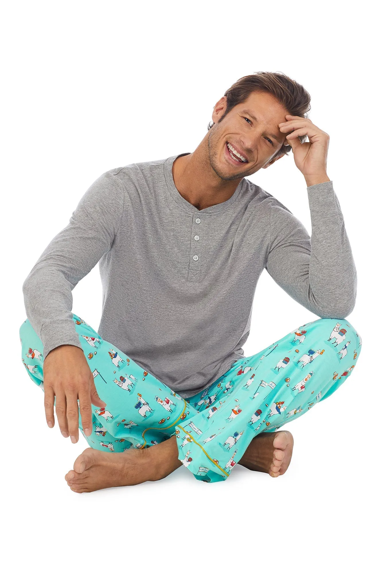 Happy Llamakkah Men's Henley Stretch Jersey PJ Set sold by BedHead product image thumbnail 3