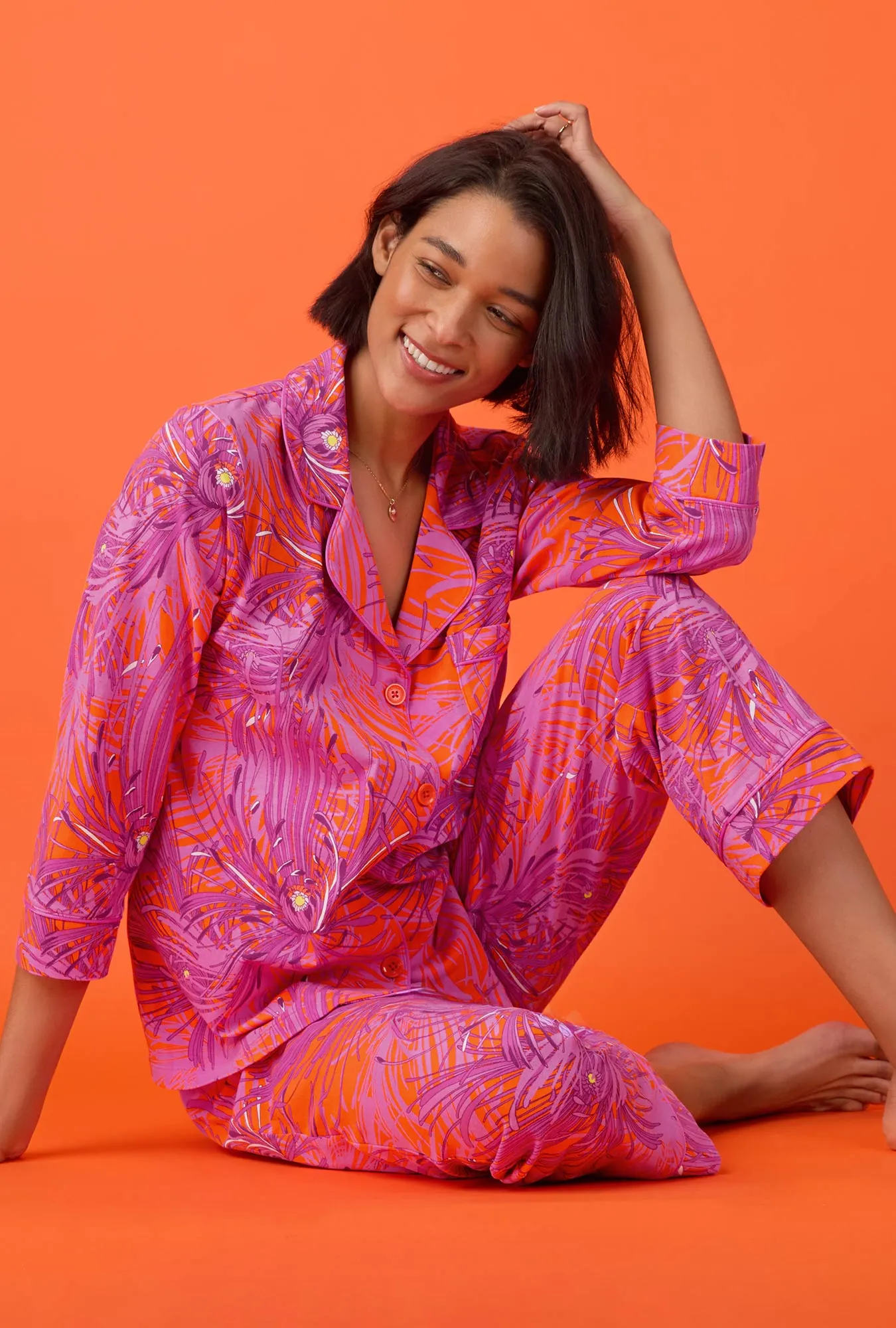 Bedhead x Trina Turk Fuji Mums 3/4 sleeve classic stretch jersey cropped PJ set sold by BedHead