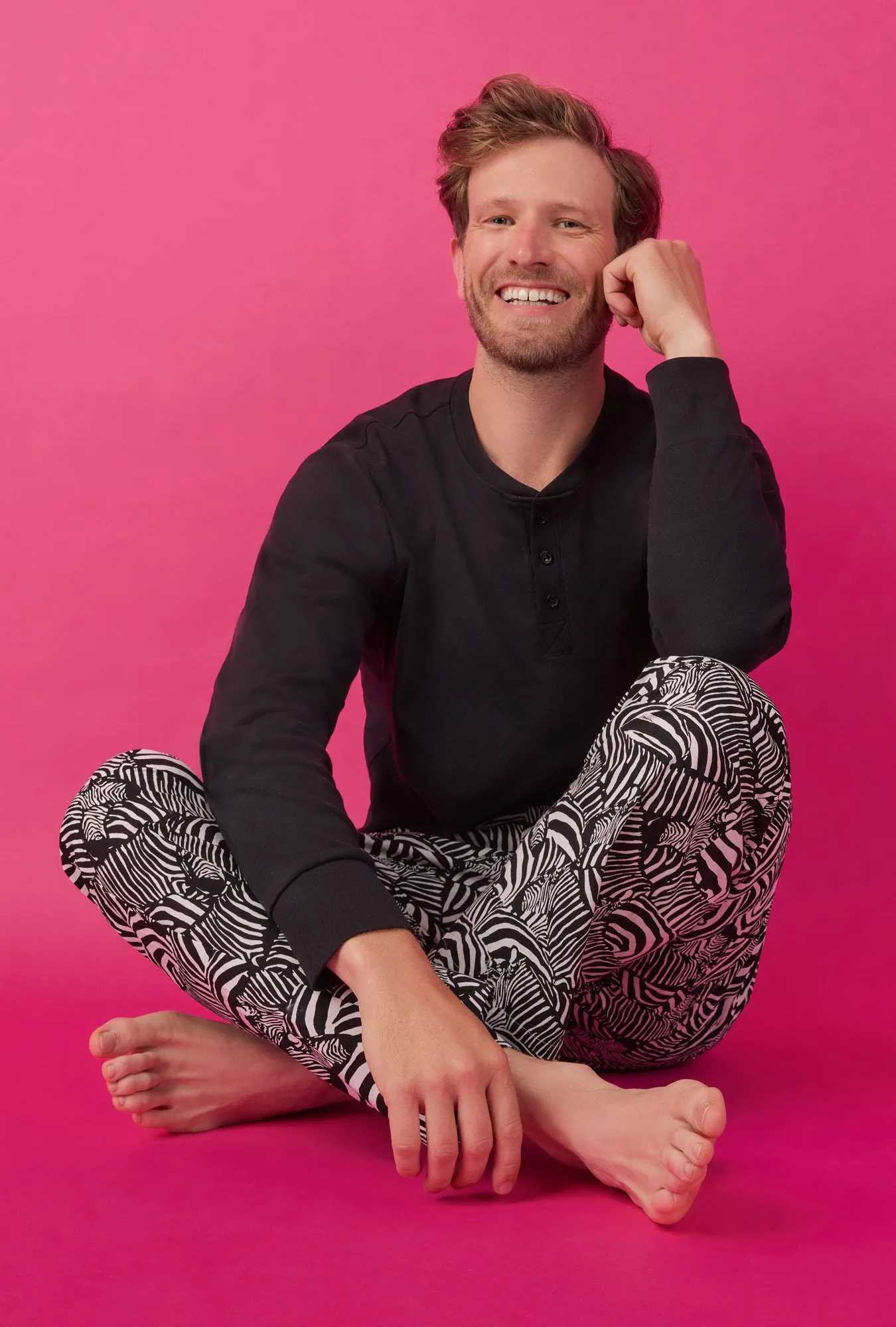 BedHead x Mr. Turk Zebra Safari Men's Henley and Jogger Woven Cotton Poplin PJ Set sold by BedHead