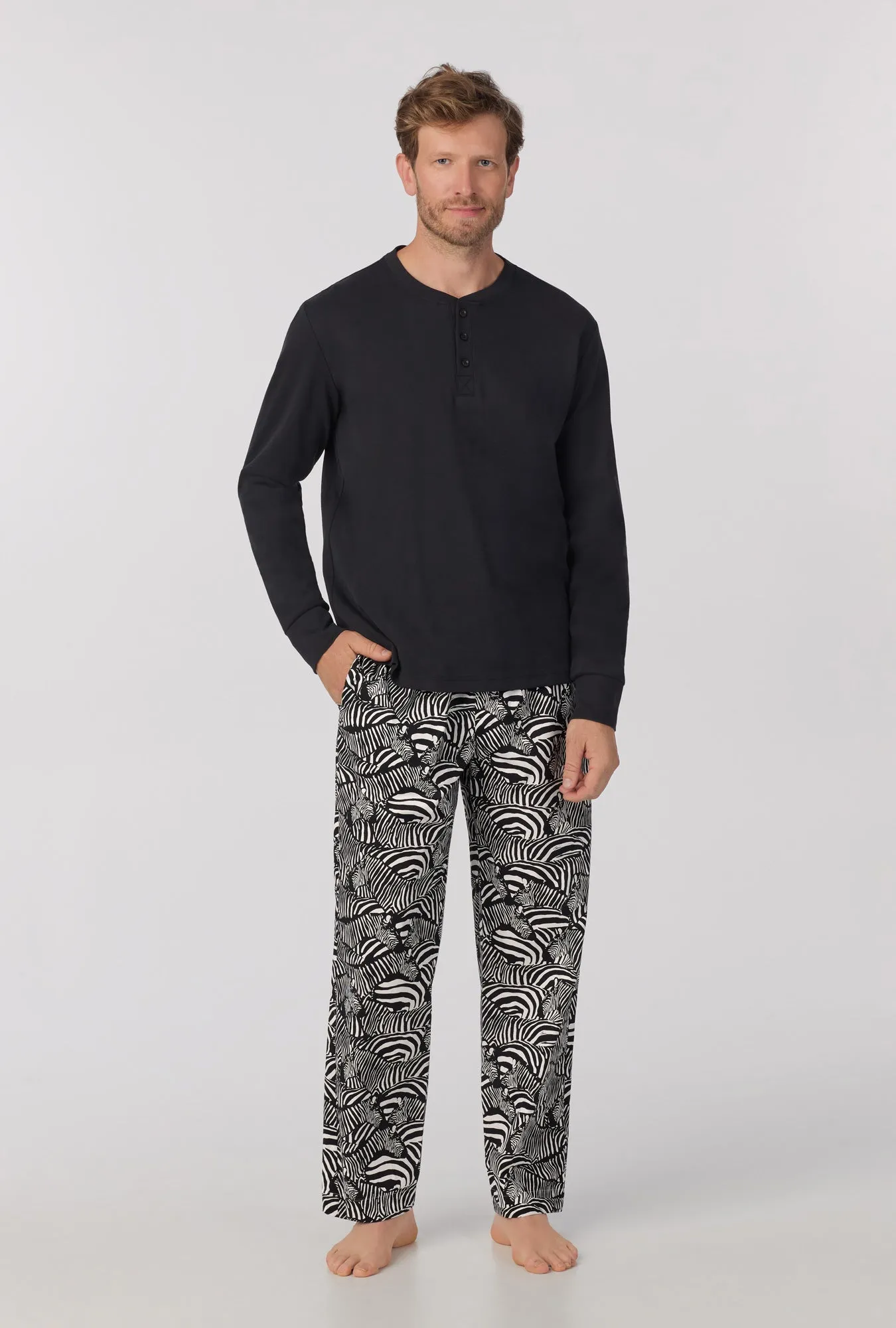 BedHead x Mr. Turk Zebra Safari Men's Henley and Jogger Woven Cotton Poplin PJ Set sold by BedHead product image thumbnail 2