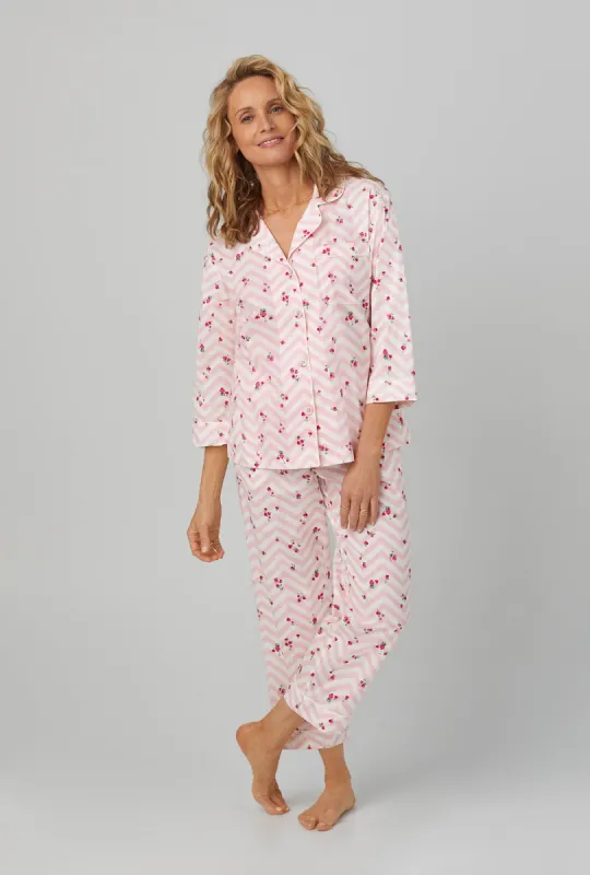 Josephine 3/4 Sleeve Classic Woven Cotton Poplin Cropped PJ Set sold by BedHead