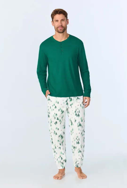 Hit the Slopes Men's Long Sleeve Henley and Jogger Woven Portuguese Flannel PJ Set sold by BedHead