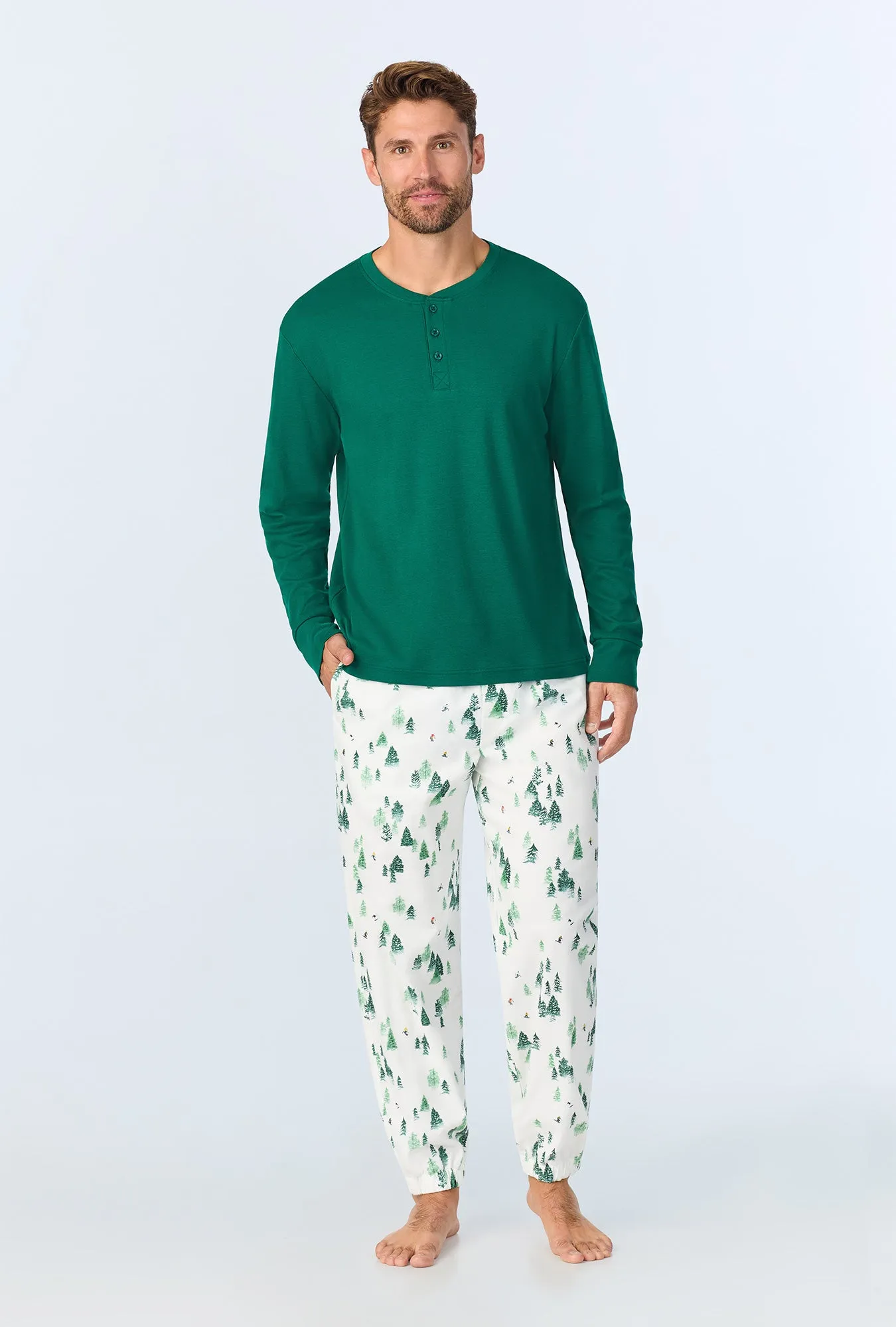 Hit the Slopes Men's Long Sleeve Henley and Jogger Woven Portuguese Flannel PJ Set sold by BedHead