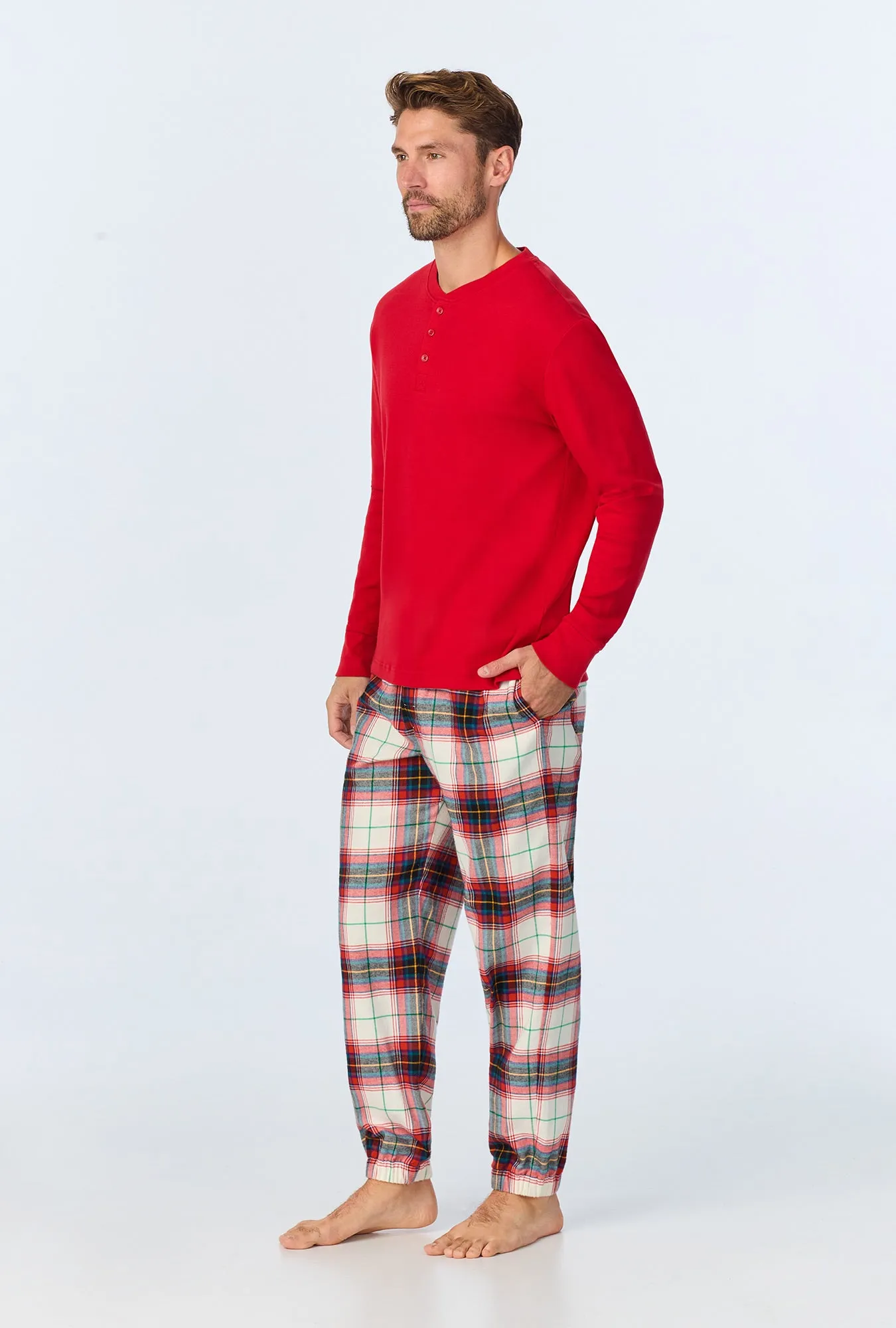 Winter Tartan Men's Long Sleeve Henley and Jogger Woven Portuguese Flannel PJ Set sold by BedHead product image thumbnail 2