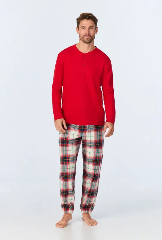 Winter Tartan Men's  Long Sleeve Henley and Jogger Woven Portuguese Flannel  PJ Set sold by BedHead