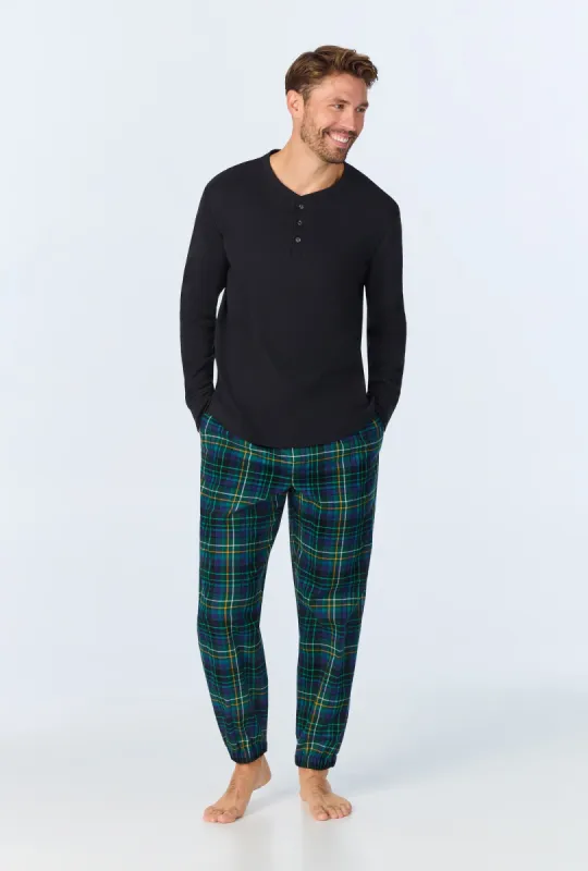 Celebration Plaid Men's Long Sleeve Henley and Jogger Woven Portuguese Flannel  PJ Set sold by BedHead