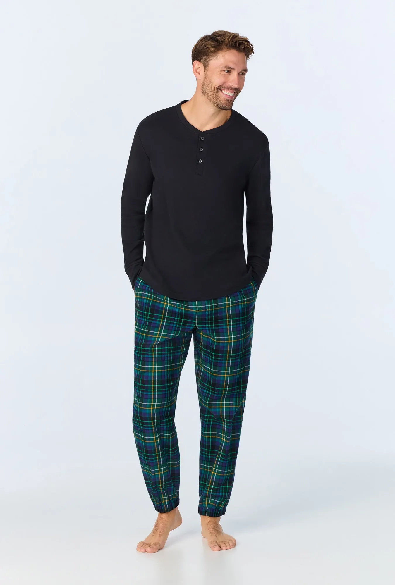 Celebration Plaid Men's Long Sleeve Henley and Jogger Woven Portuguese Flannel PJ Set sold by BedHead