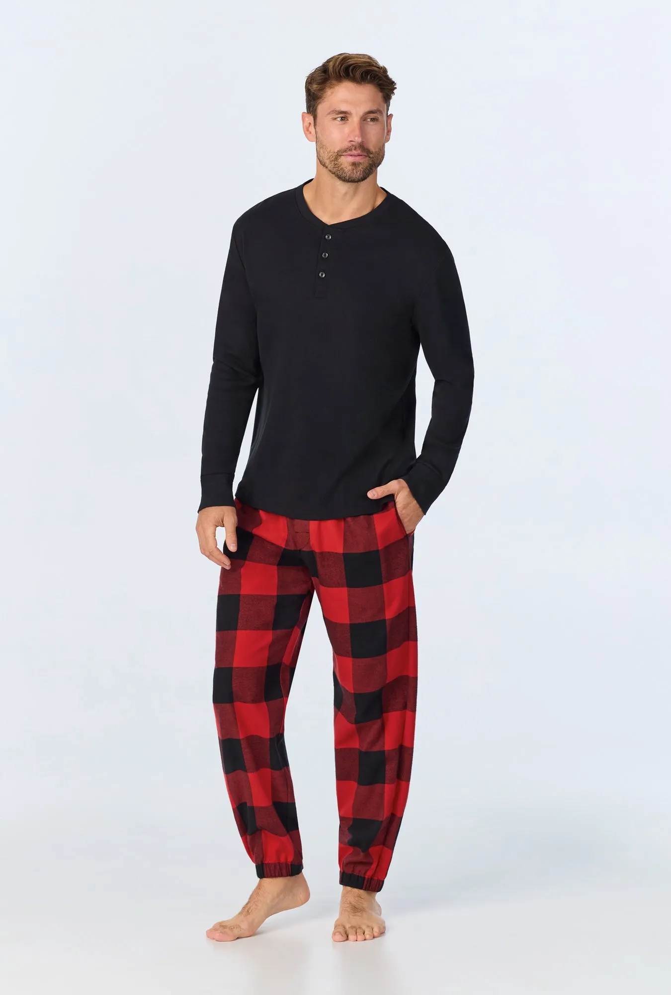 Buffalo Check Men's Long Sleeve Henley and Jogger Woven Portuguese Flannel PJ Set sold by BedHead product image thumbnail 2