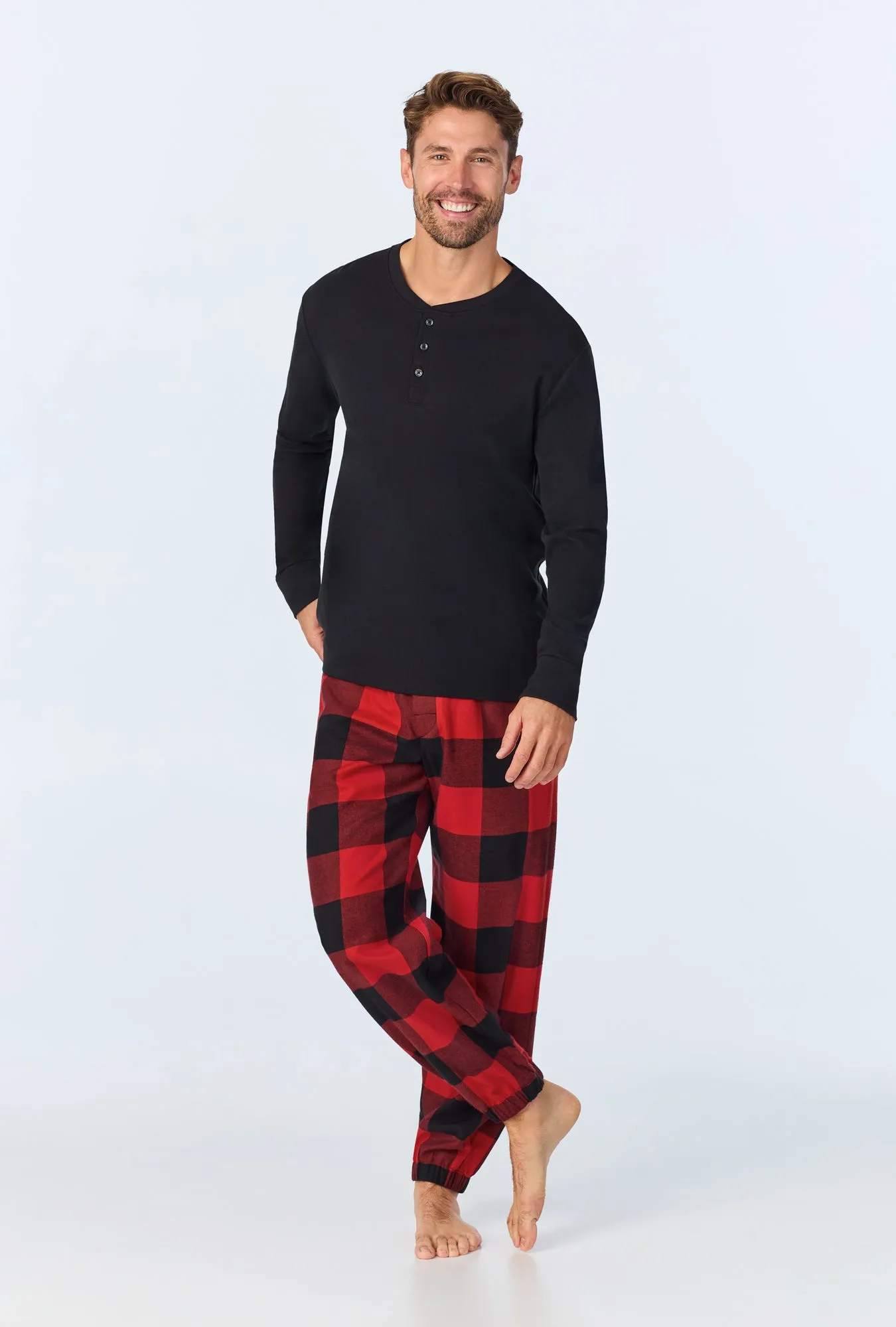 Buffalo Check Men's Long Sleeve Henley and Jogger Woven Portuguese Flannel PJ Set sold by BedHead