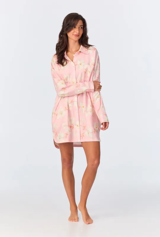 Magnolia Blossom High Low Woven Portuguese Flannel Boyfriend Shirt sold by BedHead