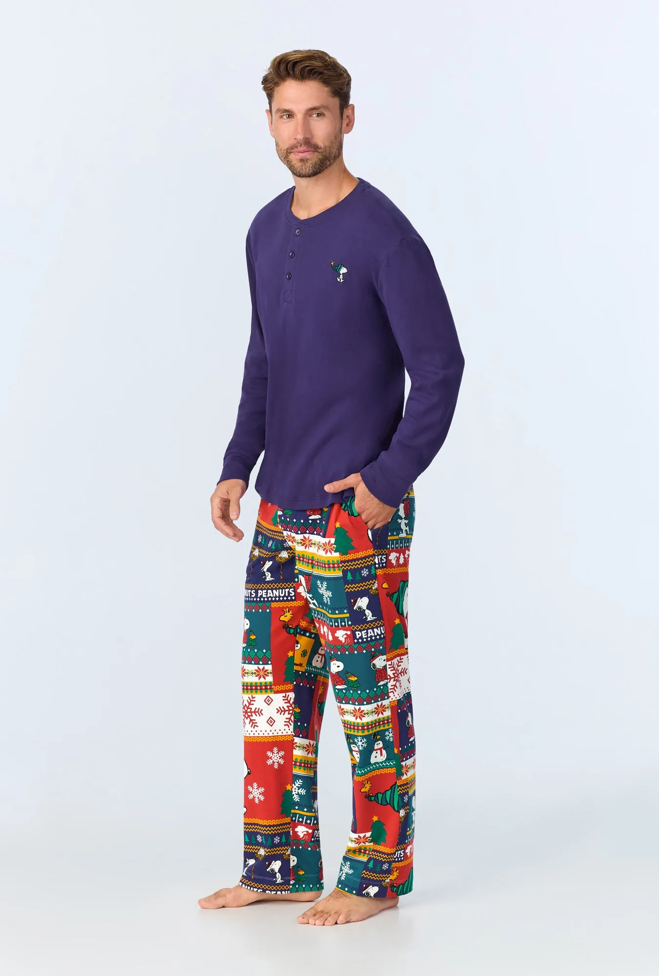 Fairisle Snoopy® Men's Long Sleeve Henley Stretch Jersey PJ Set sold by BedHead product image thumbnail 3