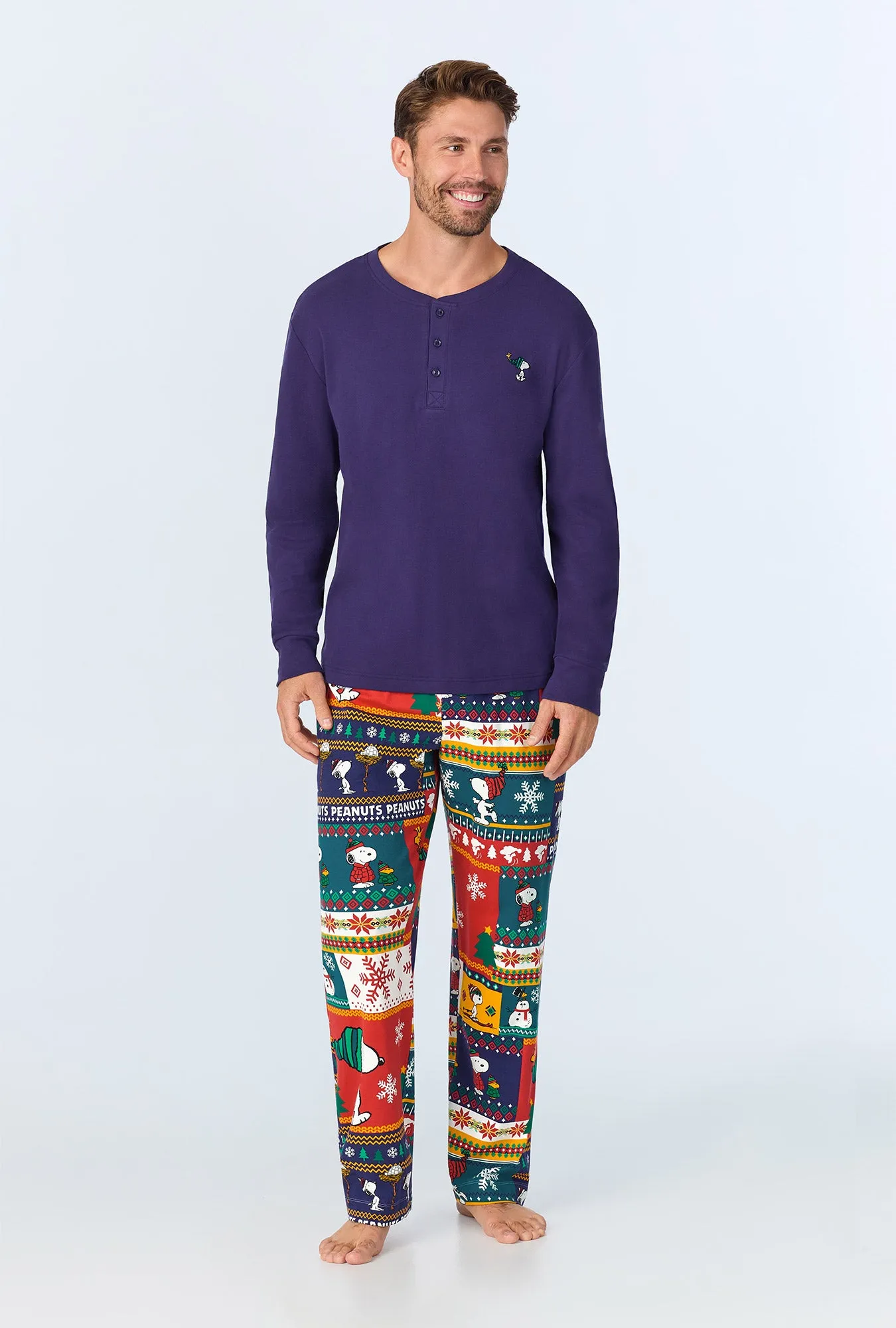 Fairisle Snoopy® Men's Long Sleeve Henley Stretch Jersey PJ Set sold by BedHead