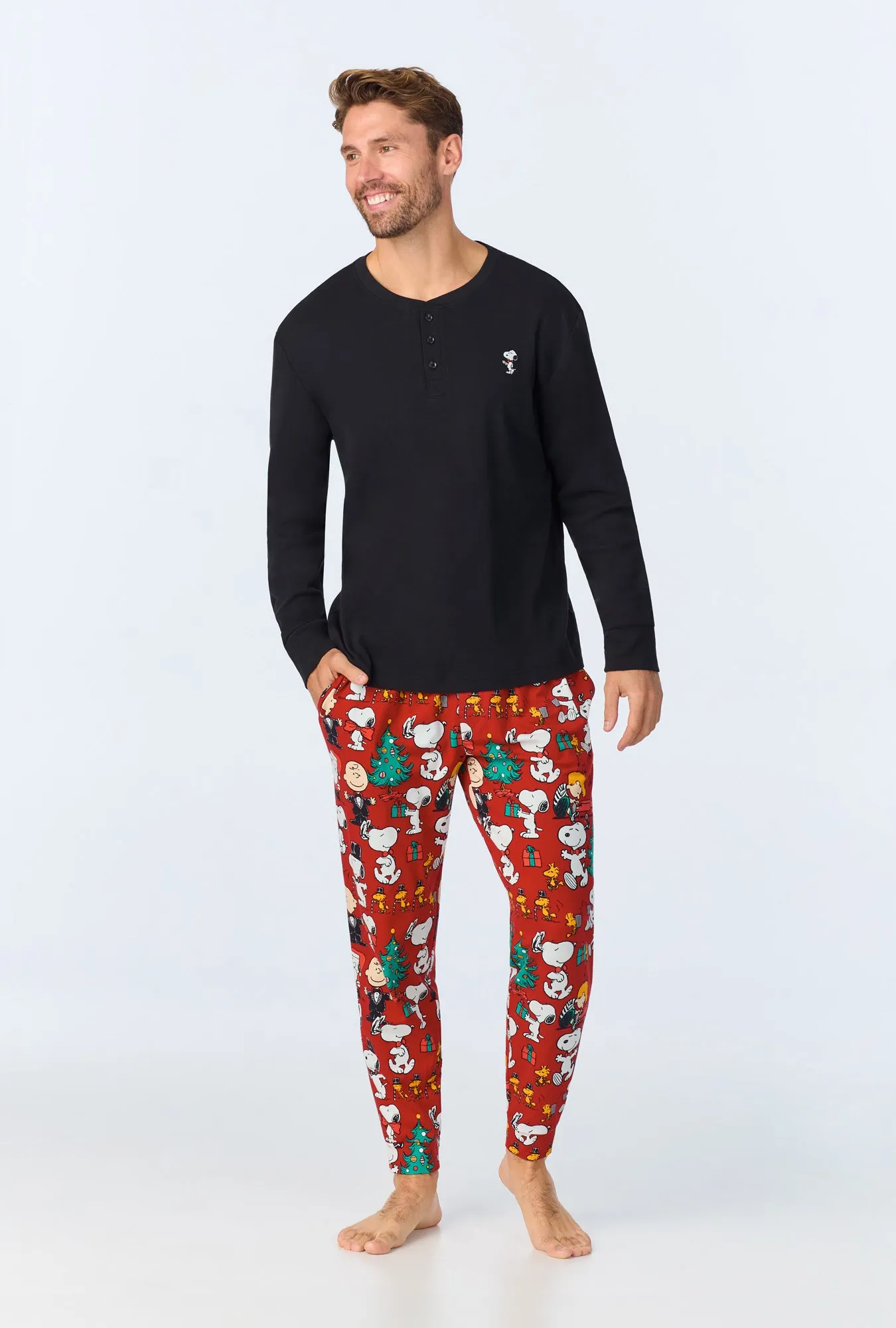 Peanuts Festive Fun Men's Long Sleeve Henley and Jogger Stretch Jersey PJ Set sold by BedHead