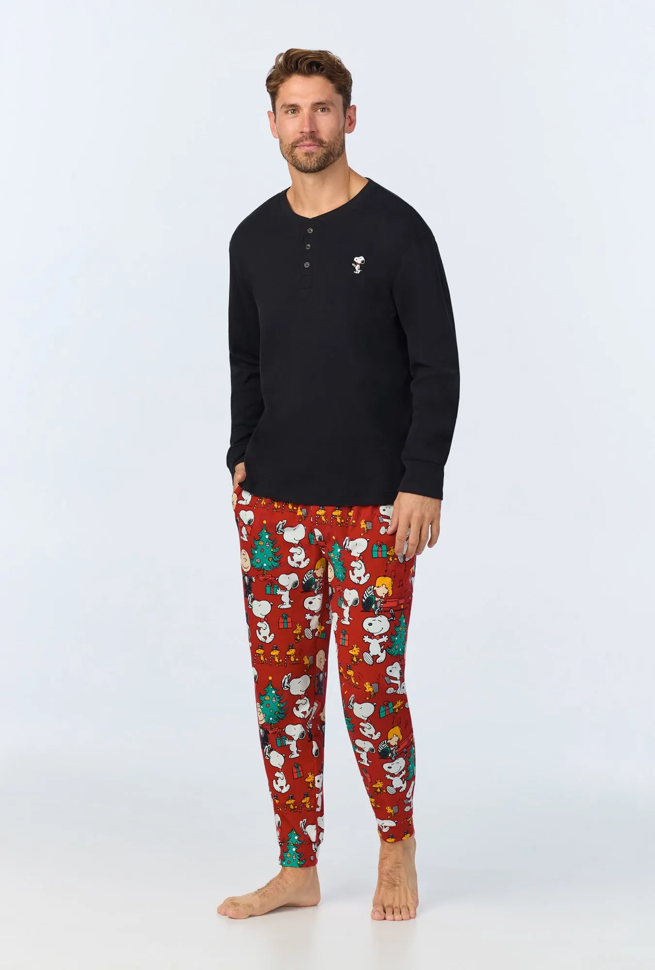 Peanuts Festive Fun Men's Long Sleeve Henley and Jogger Stretch Jersey PJ Set sold by BedHead product image thumbnail 2