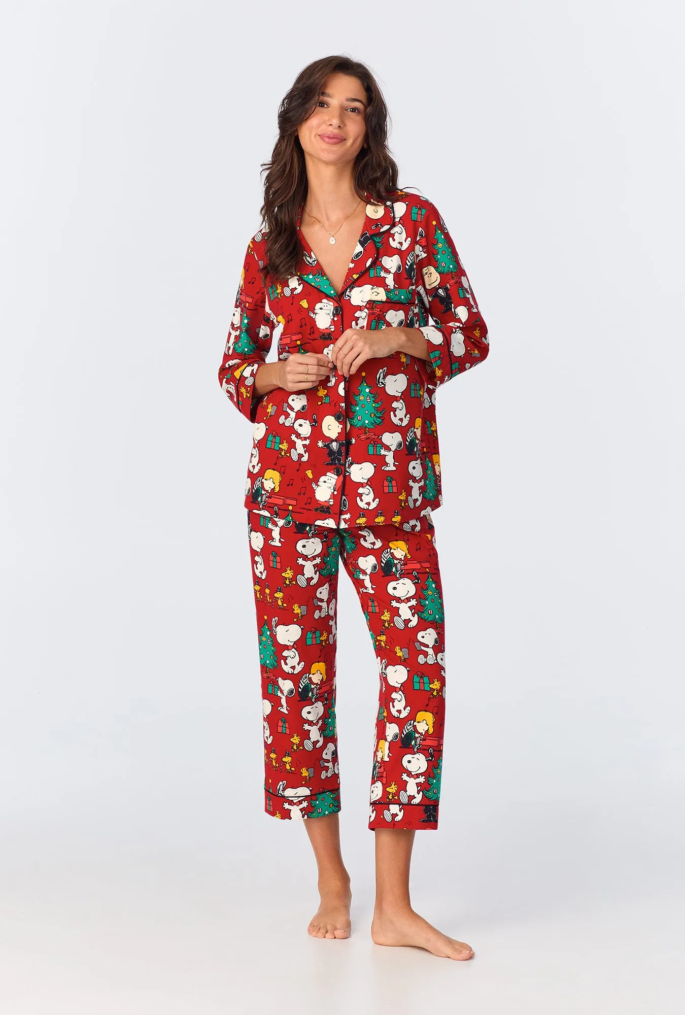 Peanuts® Festive Fun 3/4 Sleeve Classic Stretch Jersey Cropped PJ Set sold by BedHead