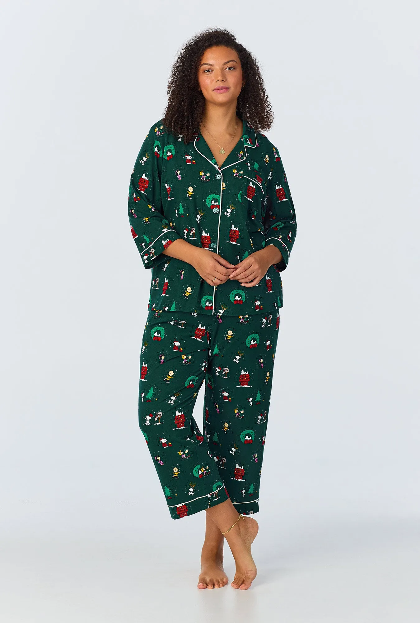 Peanuts® Winter Holiday 3/4 Sleeve Classic Stretch Jersey Cropped PJ Set sold by BedHead product image thumbnail 4