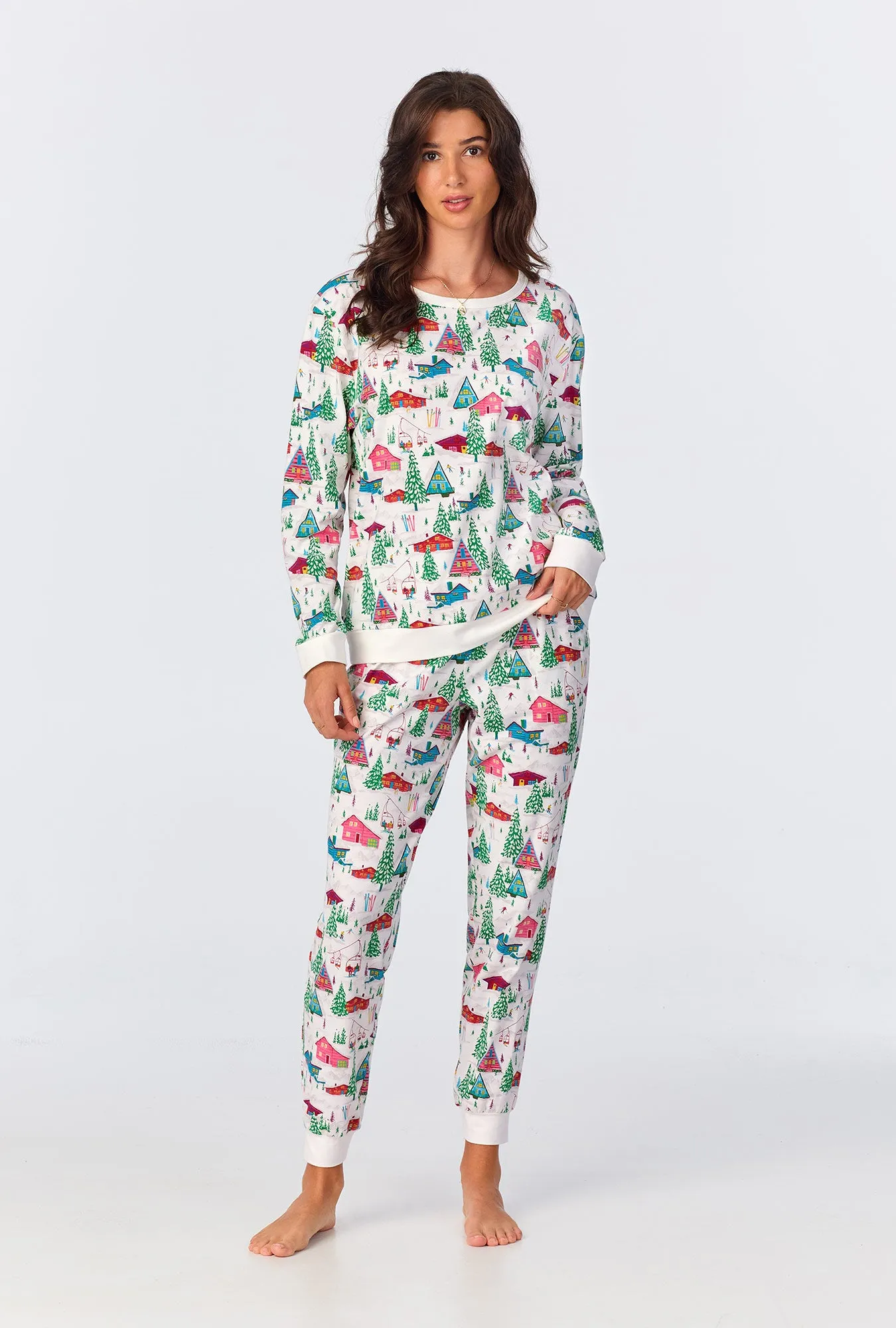 Alpine Cabins Long Sleeve Pullover Crew and Jogger Stretch Jersey PJ Set sold by BedHead