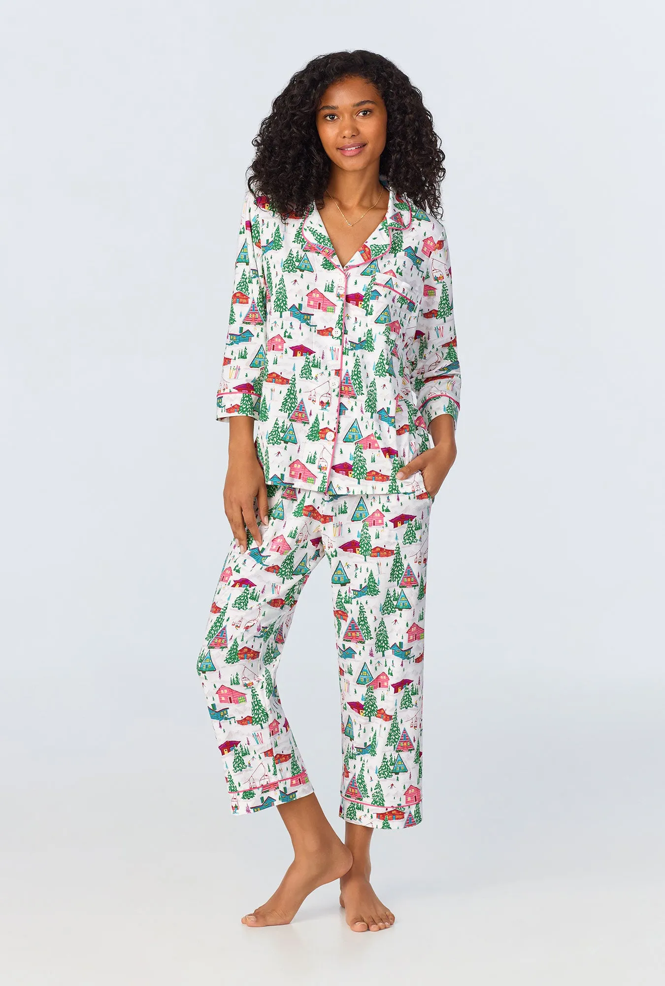 Alpine Cabins 3/4 Sleeve Classic Stretch Jersey Cropped PJ Set sold by BedHead