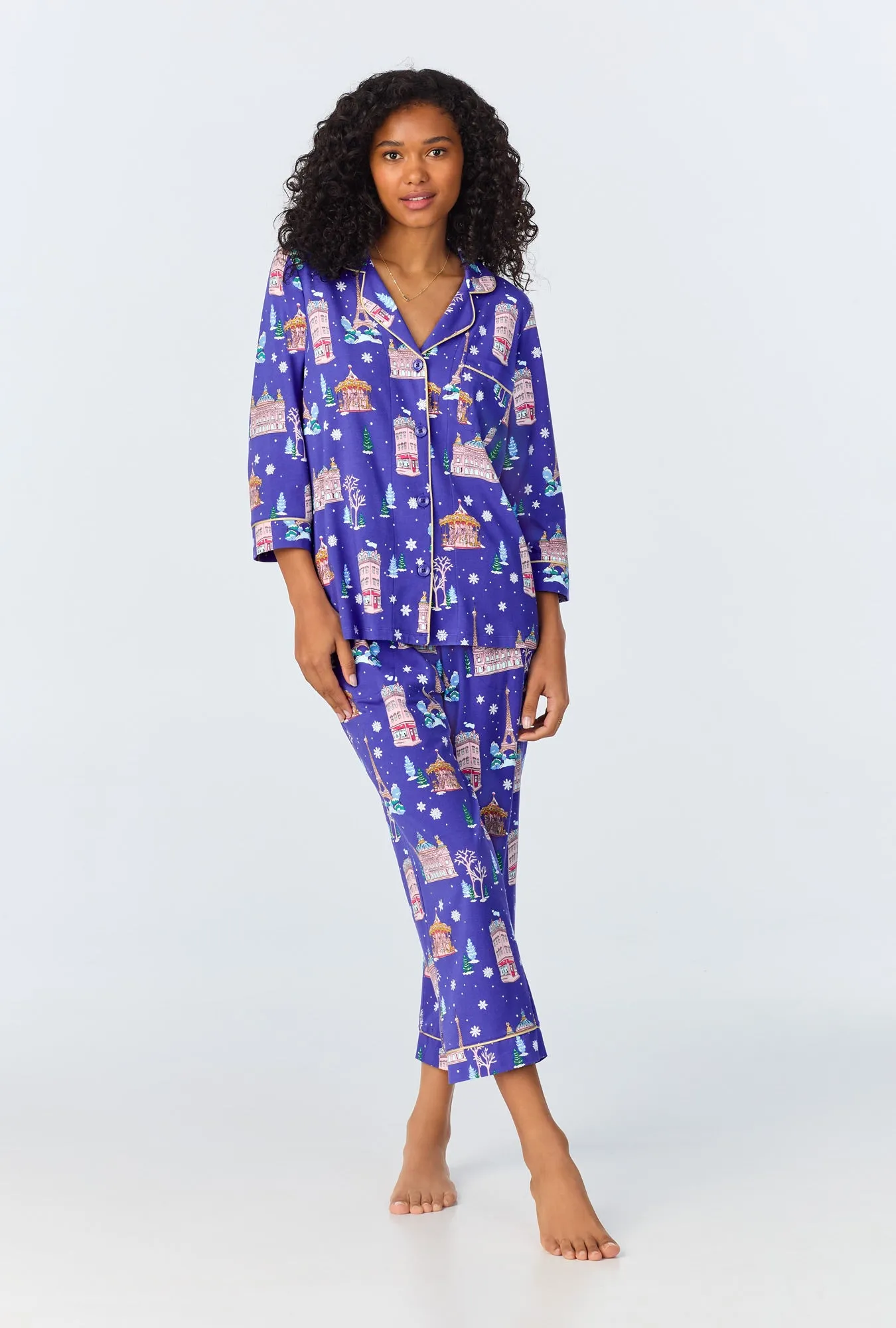 Winter in Paris 3/4 Sleeve Classic Stretch Jersey Cropped PJ Set sold by BedHead