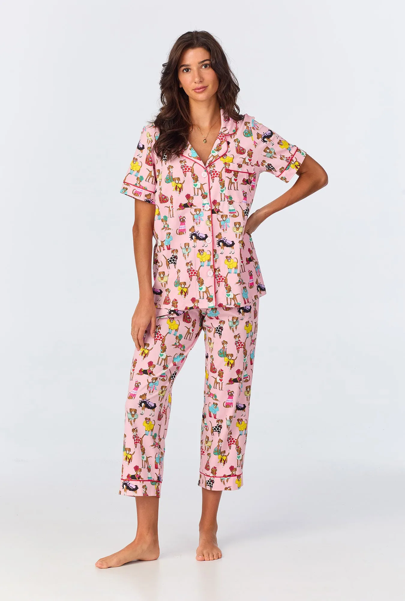 Bedhead x Bronwyn Newport Chic Boxers Short Sleeve Classic Stretch Jersey Cropped PJ Set sold by BedHead