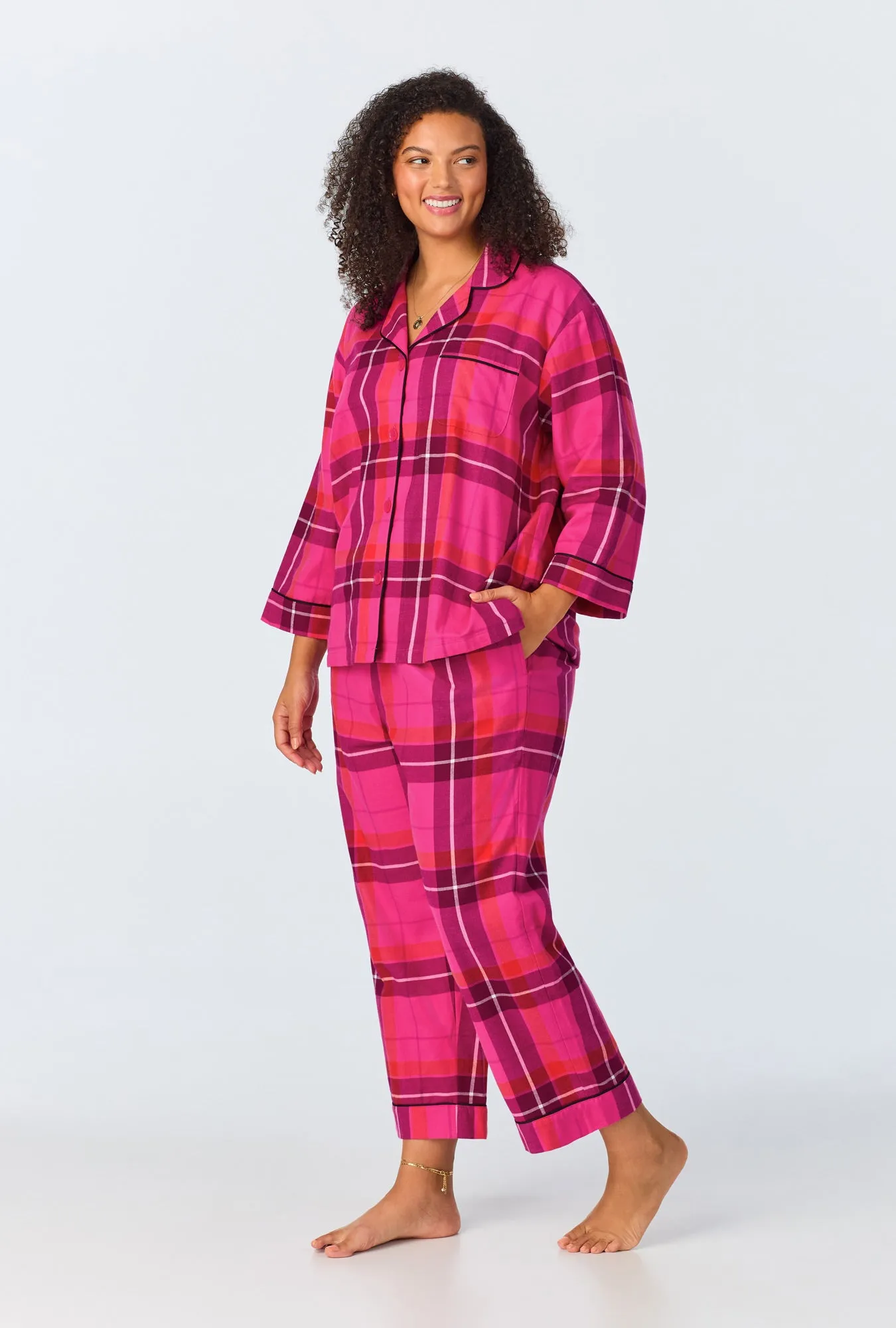 BedHead x Trina Turk Aurora Plaid 3/4 Sleeve Classic Woven Portuguese Flannel Cropped PJ Set sold by BedHead product image thumbnail 4