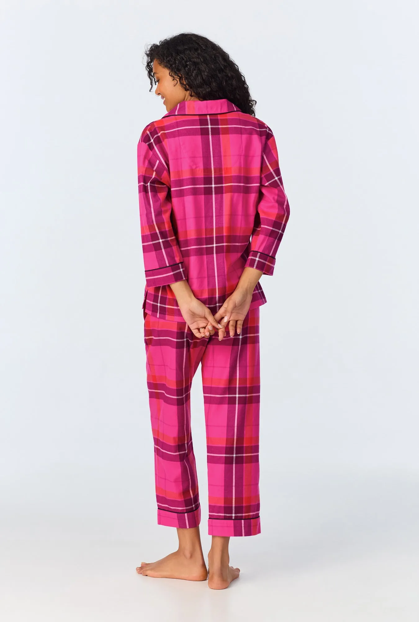 BedHead x Trina Turk Aurora Plaid 3/4 Sleeve Classic Woven Portuguese Flannel Cropped PJ Set sold by BedHead product image thumbnail 3