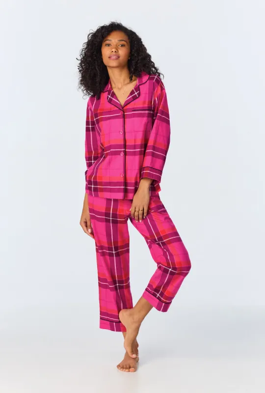 BedHead x Trina Turk Aurora Plaid 3/4 Sleeve Classic Woven Portuguese Flannel Cropped PJ Set sold by BedHead