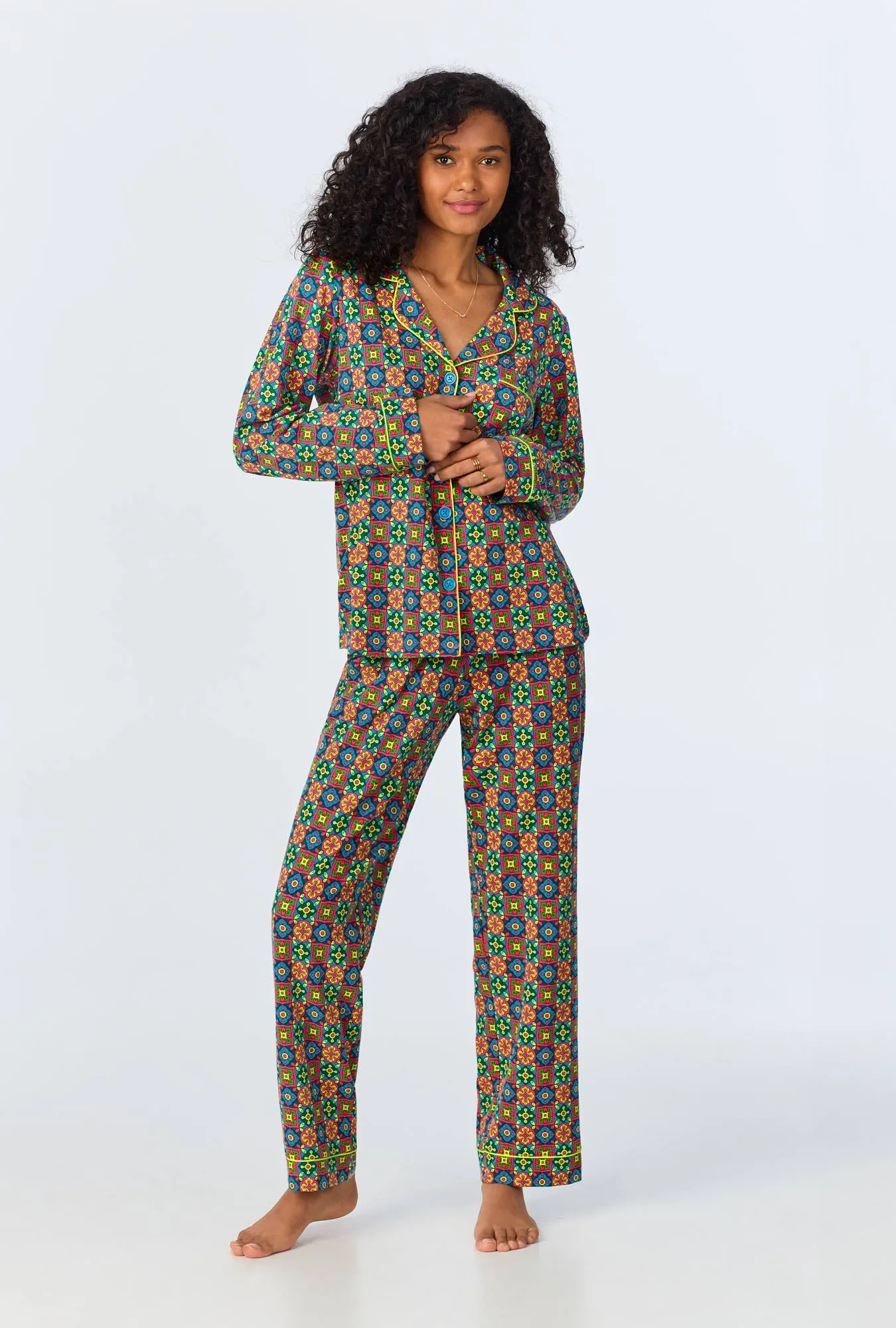 BedHead x Trina Turk Pretty Tiles Long Sleeve Classic Stretch Jersey PJ Set sold by BedHead