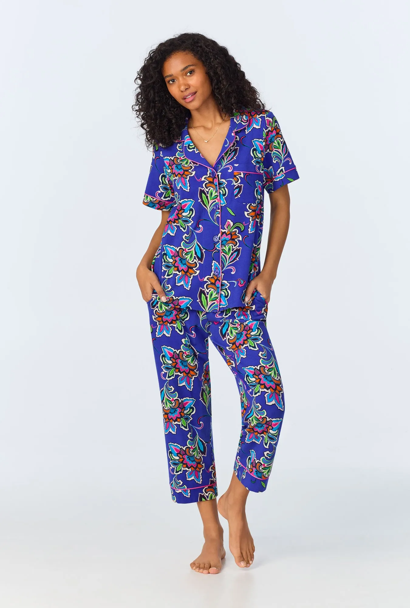 BedHead x Trina Turk Paisley Flower Short Sleeve Classic Stretch Jersey Cropped PJ Set sold by BedHead