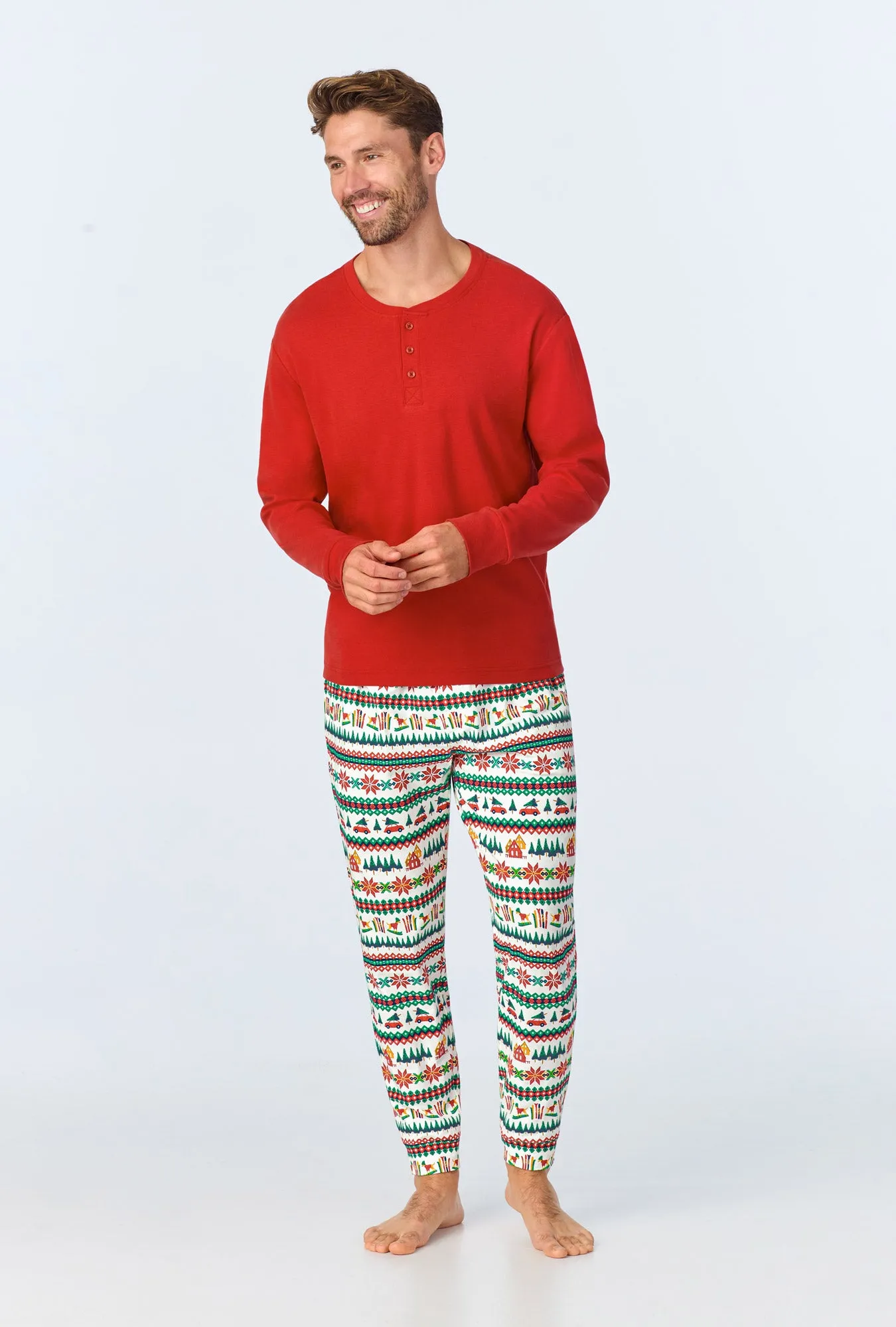 Festive Fairisle Men's Long Sleeve Henley and Jogger Stretch Jersey PJ Set sold by BedHead