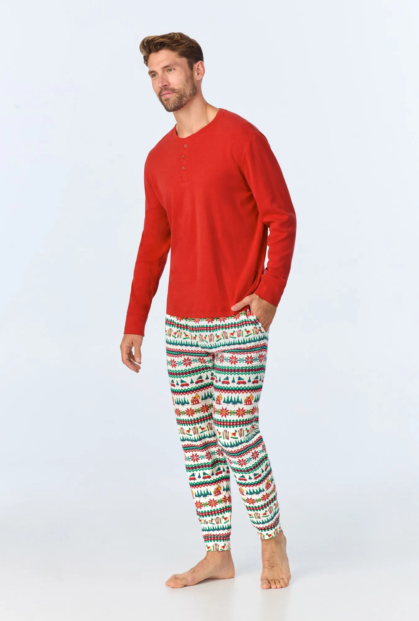 Festive Fairisle Men's Long Sleeve Henley and Jogger Stretch Jersey PJ Set sold by BedHead product image thumbnail 2