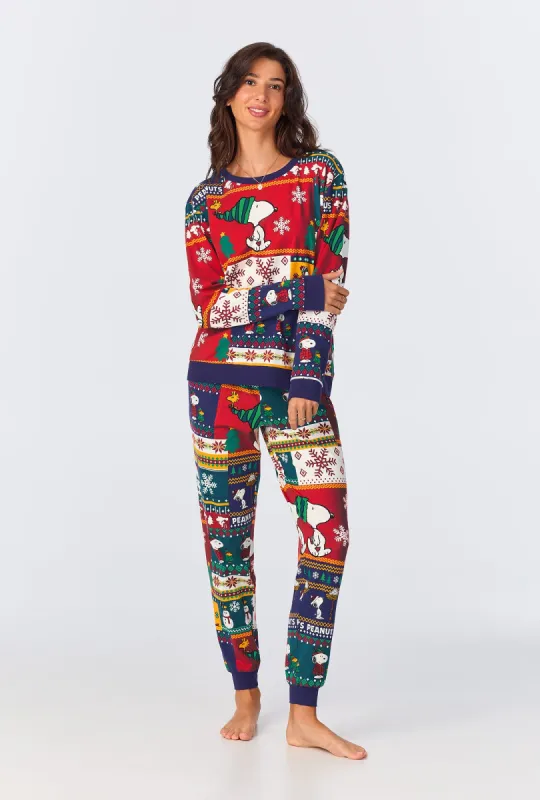 Fairisle Snoopy® Long Sleeve Pullover Crew and Jogger Stretch Jersey PJ Set sold by BedHead