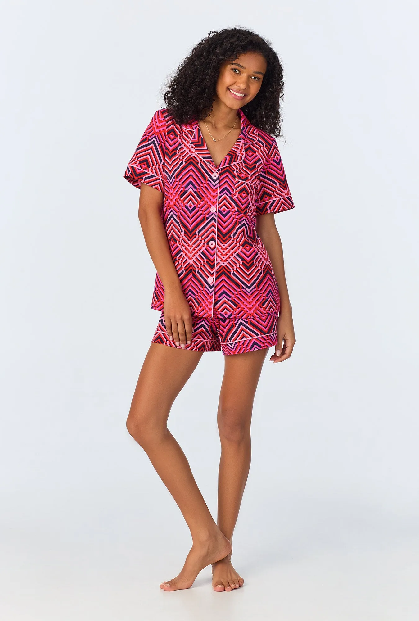 BedHead x Trina Turk Geo Trellis Short Sleeve Classic Shorty Stretch Jersey PJ Set sold by BedHead