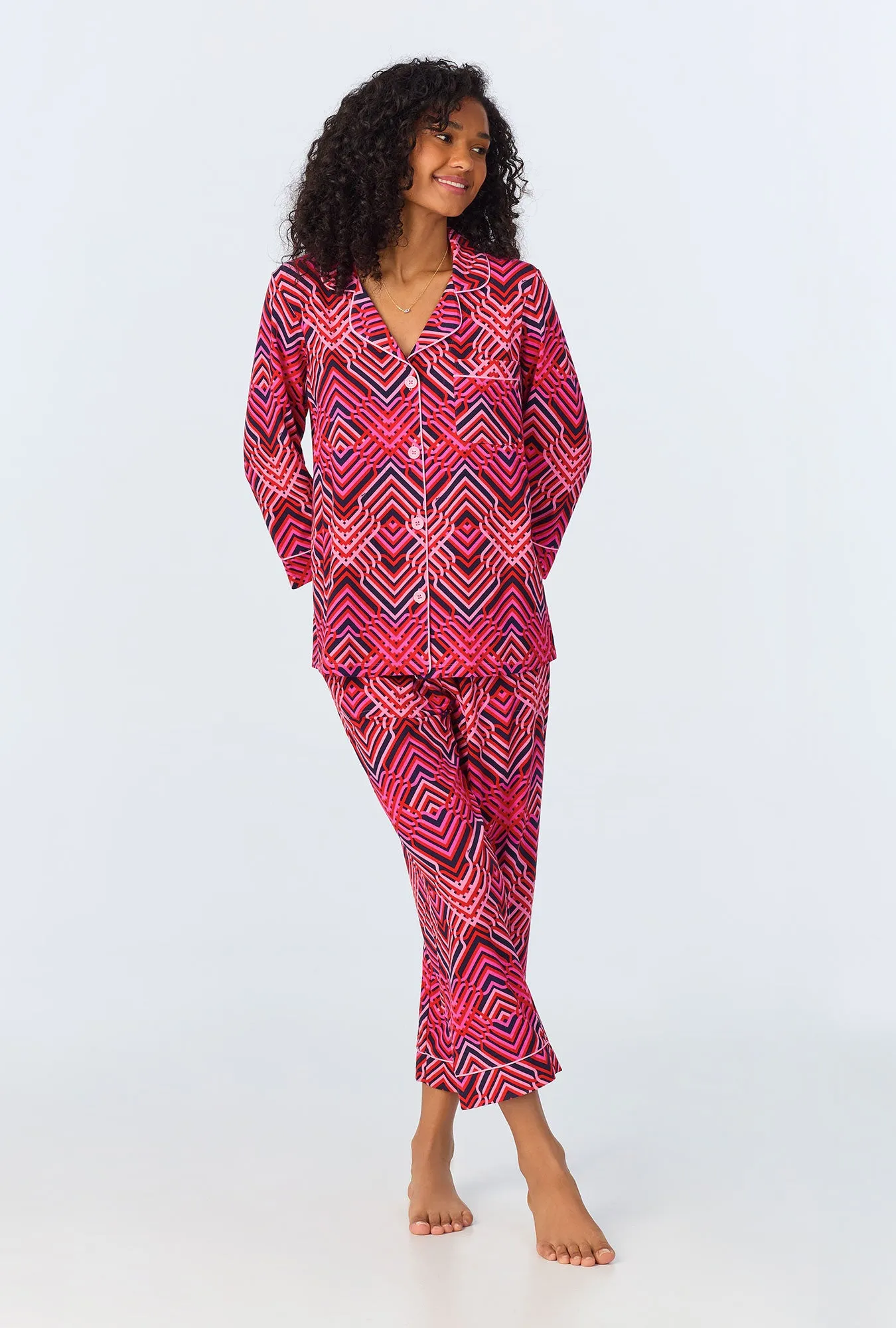 BedHead x Trina Turk Geo Trellis 3/4 Sleeve Classic Stretch Jersey Cropped PJ Set sold by BedHead