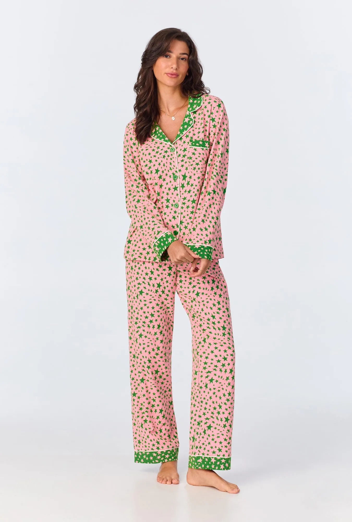 Pink Starlight Long Sleeve Classic Stretch Jersey Long PJ Set sold by BedHead