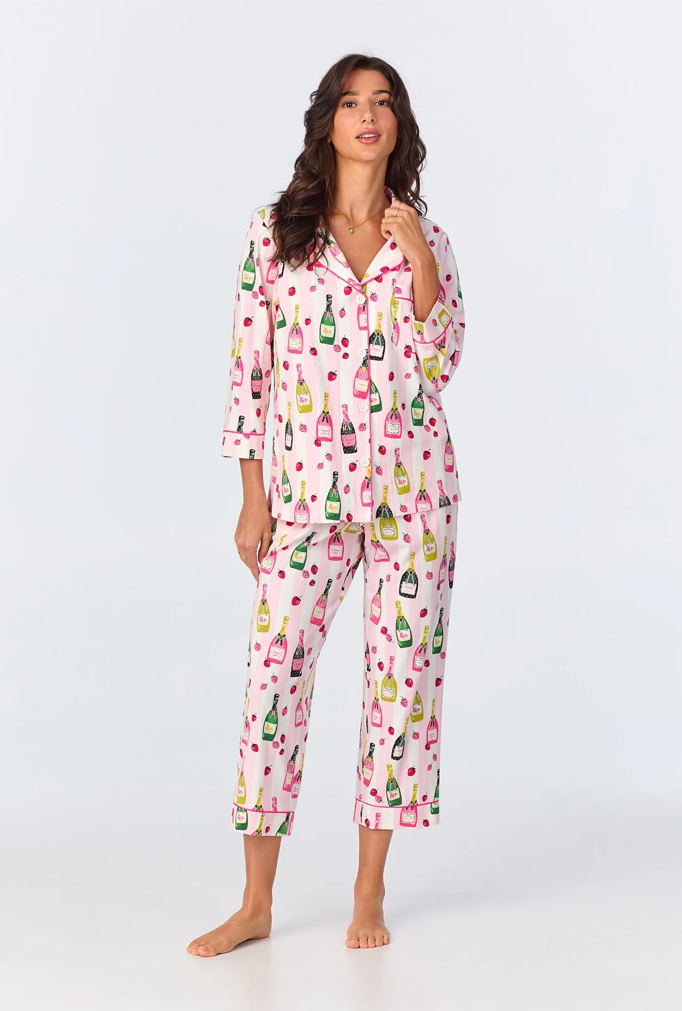 Champagne Toast 3/4 Sleeve Classic Stretch Jersey Cropped PJ Set sold by BedHead